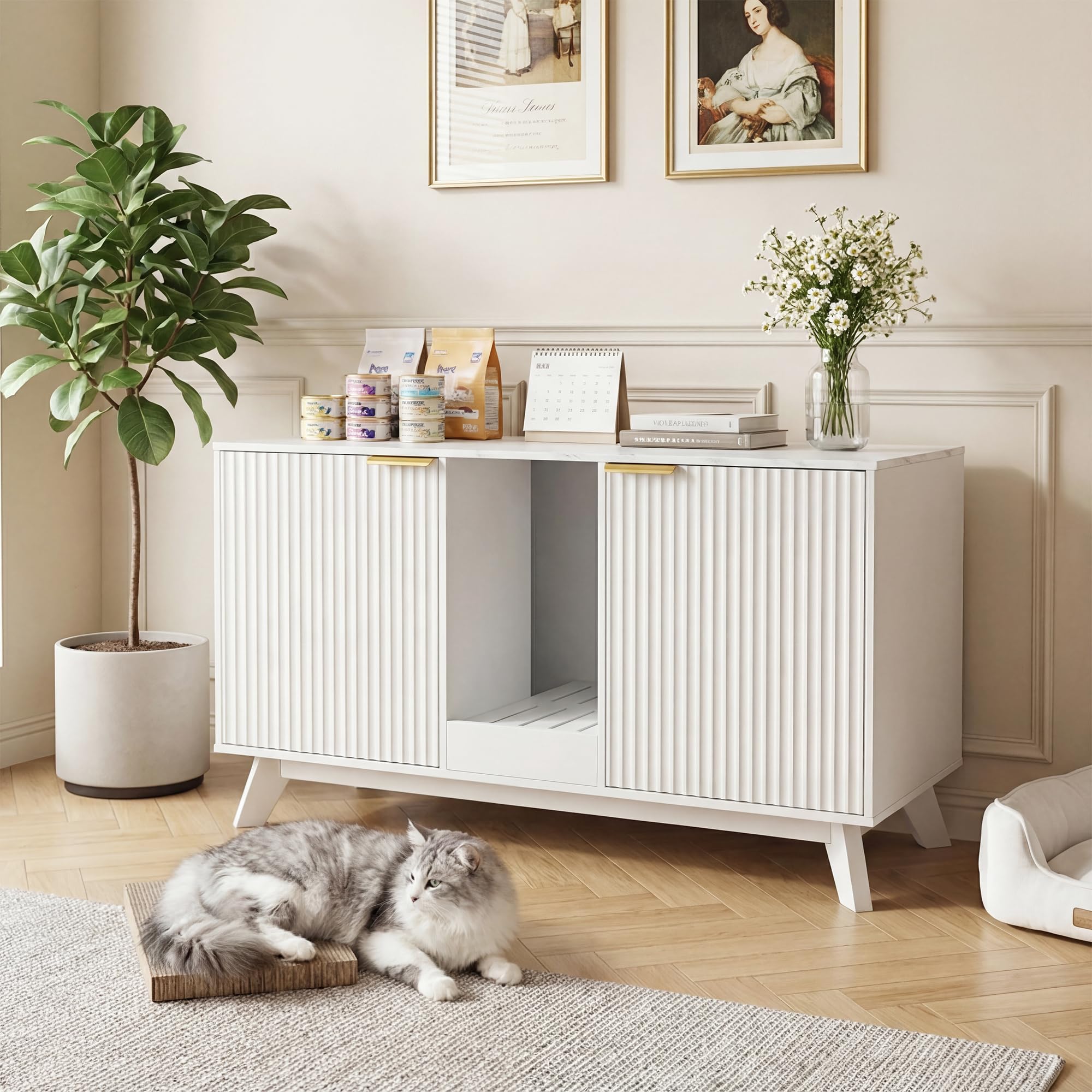Double Cat Litter Box Enclosure for 2 Cats,Fluted Hidden Litter Box Furniture with Litter Collector &amp; Scratch Pad,47" Large Enclosed Cat Cabinet,Cat House for Living Room,White with Marble Top