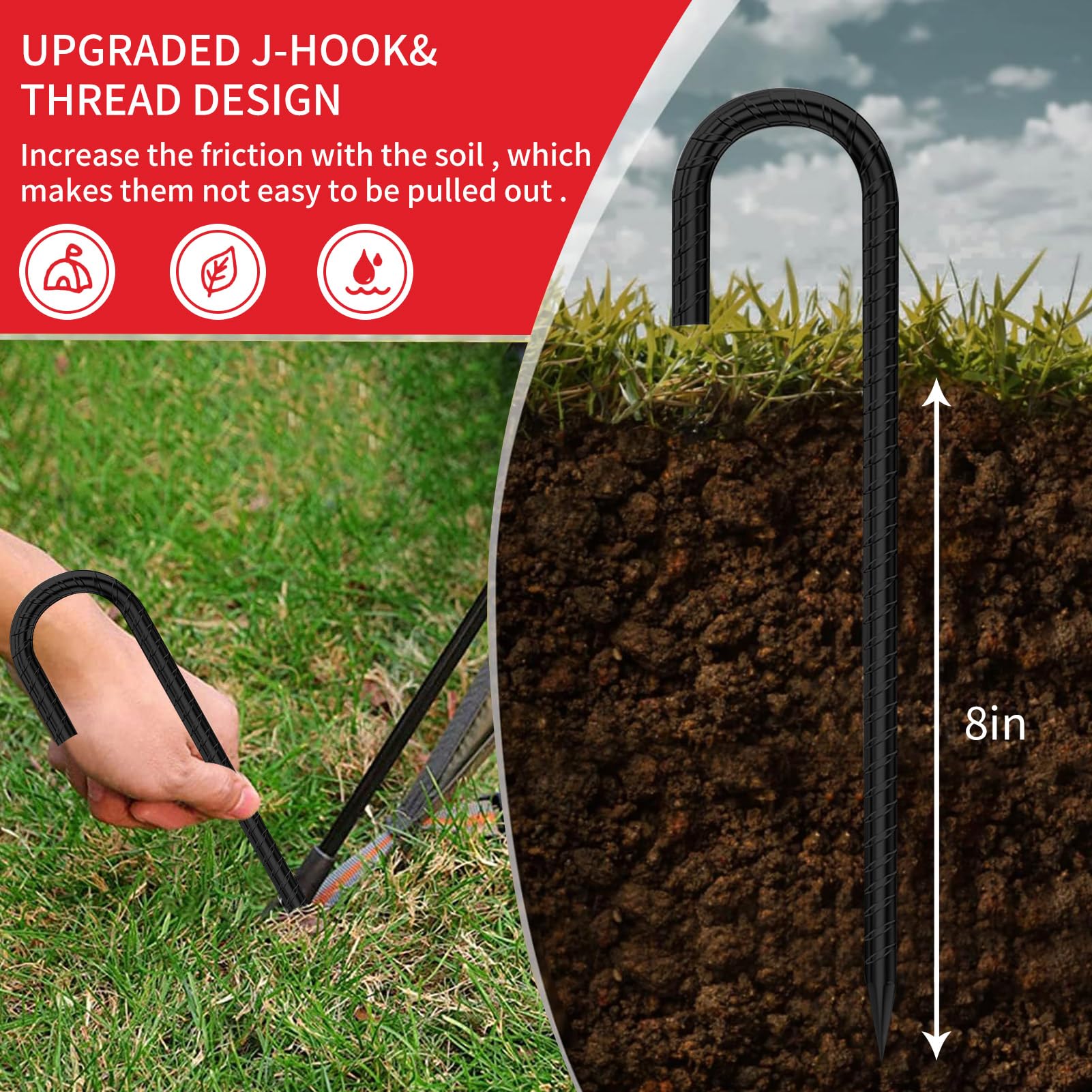 Picchetti in metallo nero con gancio a J extra resistente, lunghi 30,5 cm, picchetti da 6,35 mm in acciaio verniciato antiruggine, ancoraggi da giardino, picchetti in metallo per tenda, trampolino