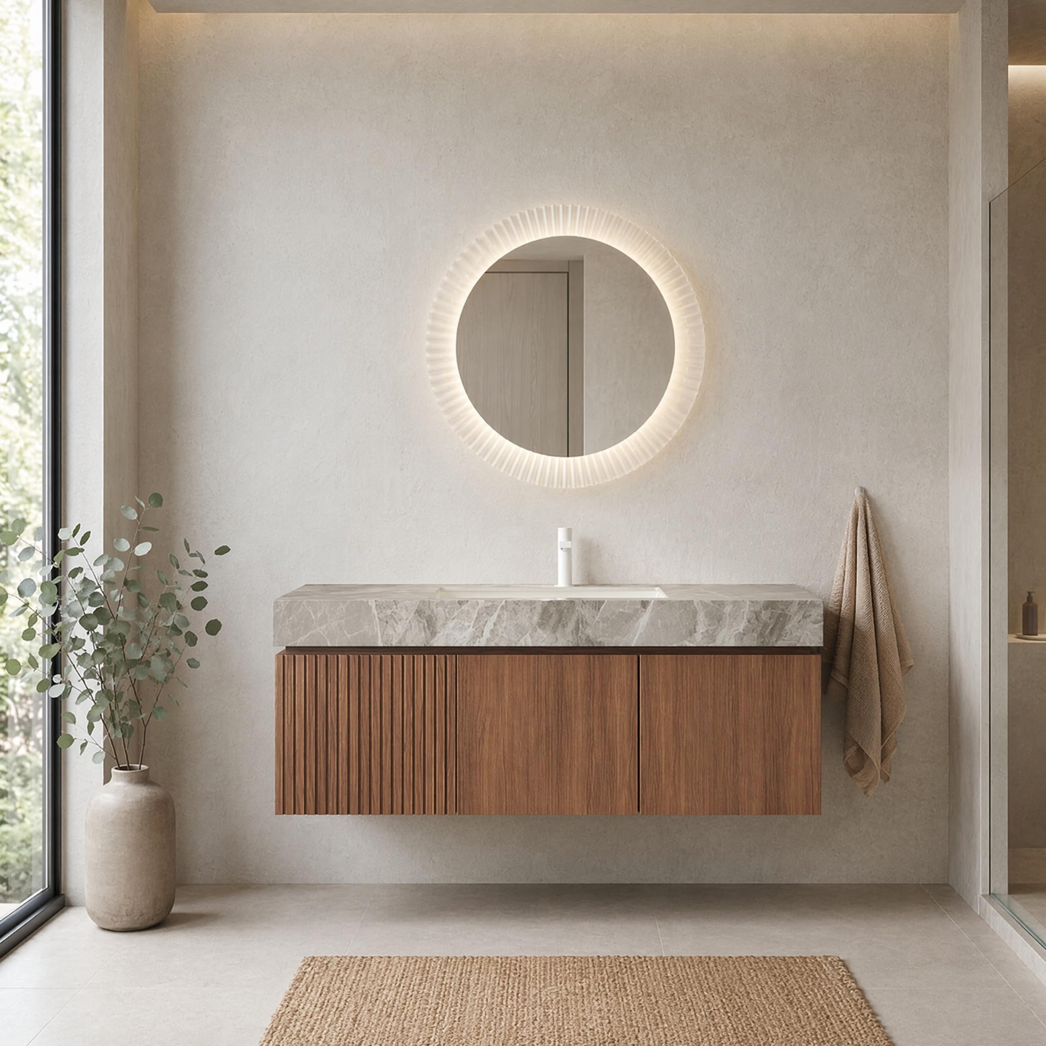 48 Inch Floating Bathroom Vanity with Sink, Modern Wall Mounted Bathroom Storage Vanity Cabinet with Sintered Stone Countertop, Brown Oak