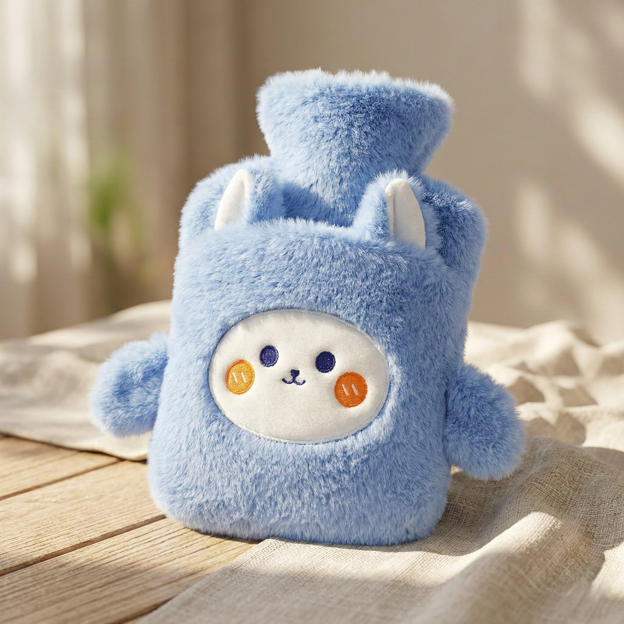 Bunny Hot Water Bottle with Plush Cover & Hand Warmer Pocket 1000ML Leak-Proof Heating Bag for Pain Relief & Period Cramps, Hot & Cold Therapy for Injury, Back & Joint Pain, Muscle Relaxation (Baby Blue)-image-23