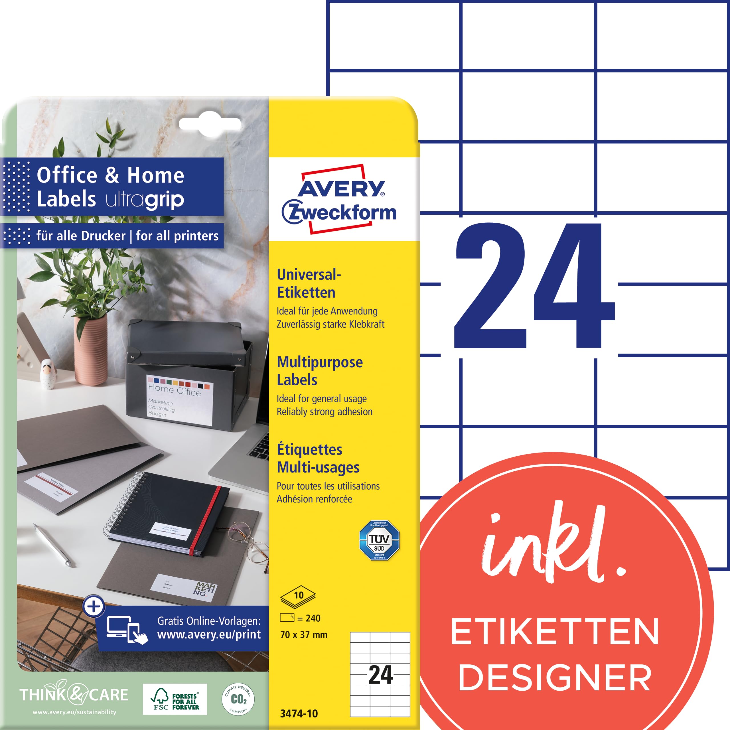 Avery Zweckform 6173 Universal Labels, A4, Matt Paper, 70 x 37 mm, White 240 Labels 10 Blatt