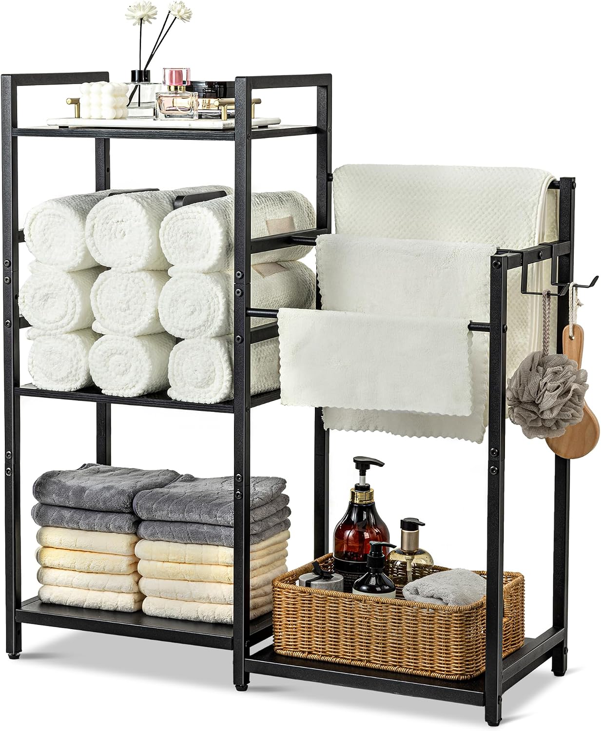 Towel Rack for Bathroom, 3-Tier Towel Drying Rack Stand, Freestanding Towel Organizer Holder, Bathroom Organizers and Storage for Rolled Folded Drying Towels, Black