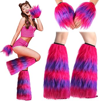 Shyyween 4 Pcs Halloween Furry Costume Women Adult | Halloween Cosplay Theme Includes Striped Cat, Monster, Wolf, Bee and Cookie, Fur Leg Warmers and Furry Gloves, Dress up Party