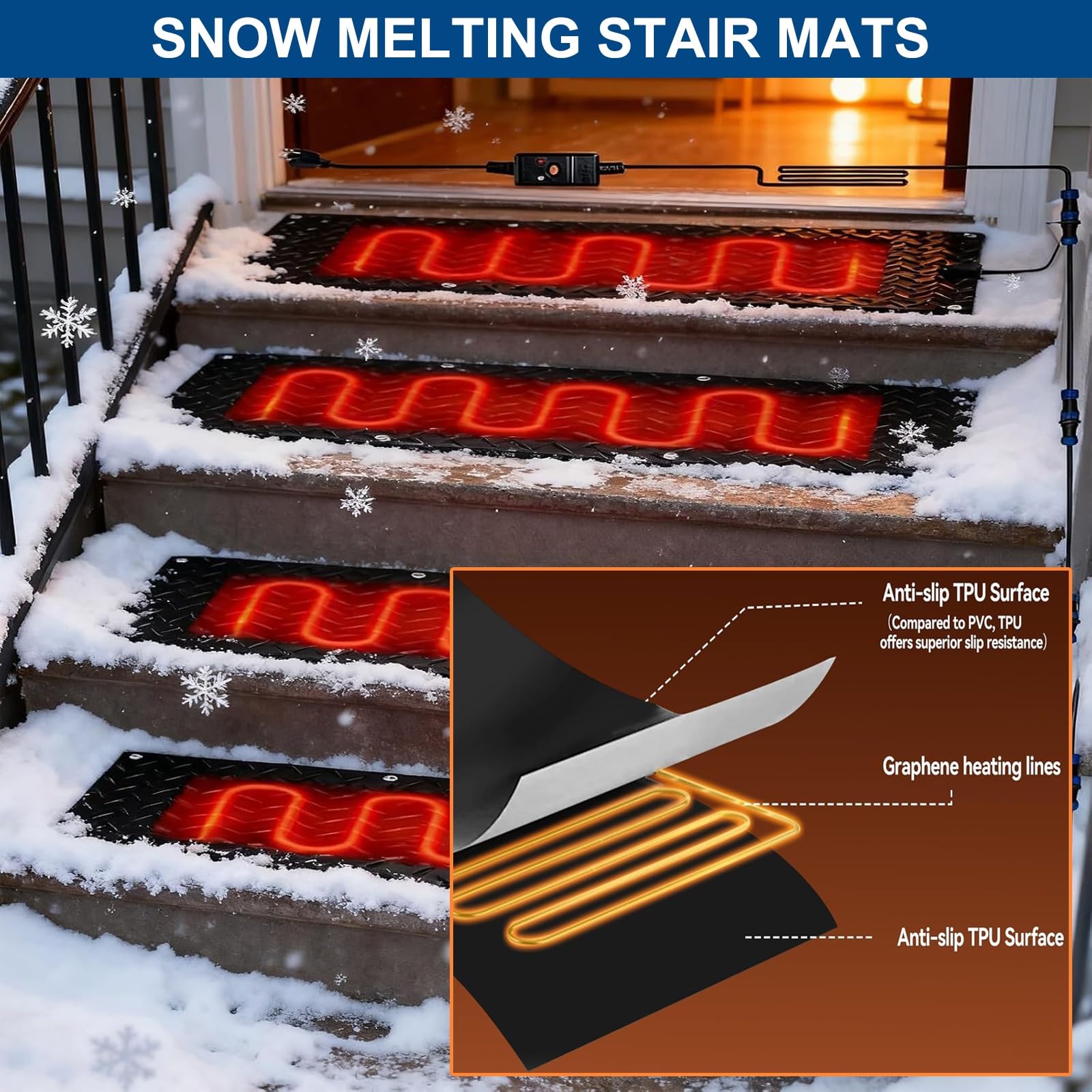 Lot de 4 tapis de fonte de neige pour extérieur, tapis d'escalier chauffant en caoutchouc antidérapant, tapis électrique pour déneigement d'hiver, tapis chauffant d'extérieur (4 pièces, 25,4 x