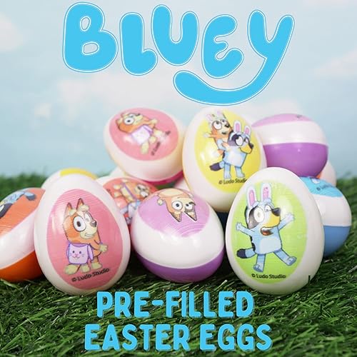 Miniatura 4 de Galerie Huevos de Pascua con temática de Bluey, bolsas de dulces duros rojos en el interior, ideales para caza de huevos, 2.47 onzas, 15