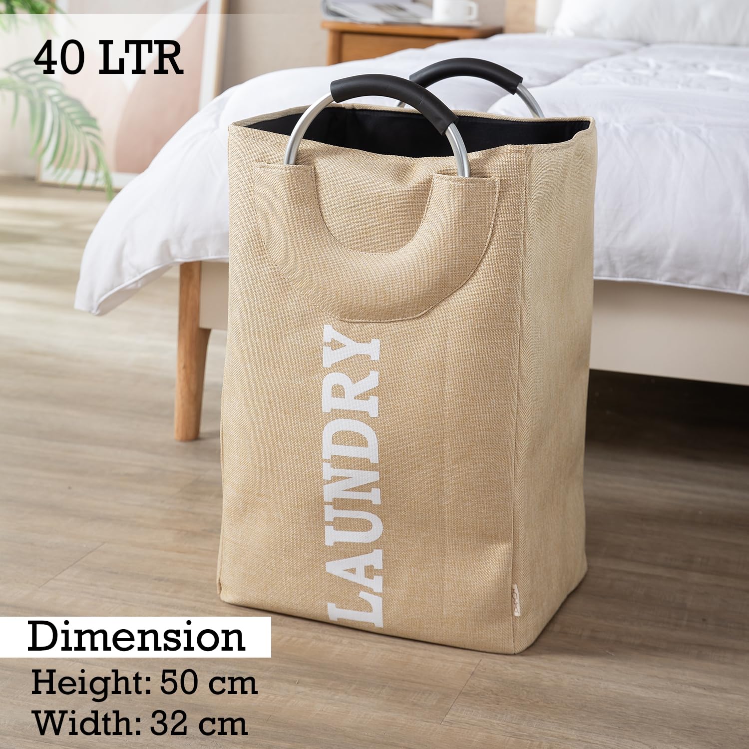 HOKIPO Folding Laundry Bag for Clothes Hamper Basket, Round Collapsible Storage Basket, 40 LTR, Grey - AR2651(Cotton) 3