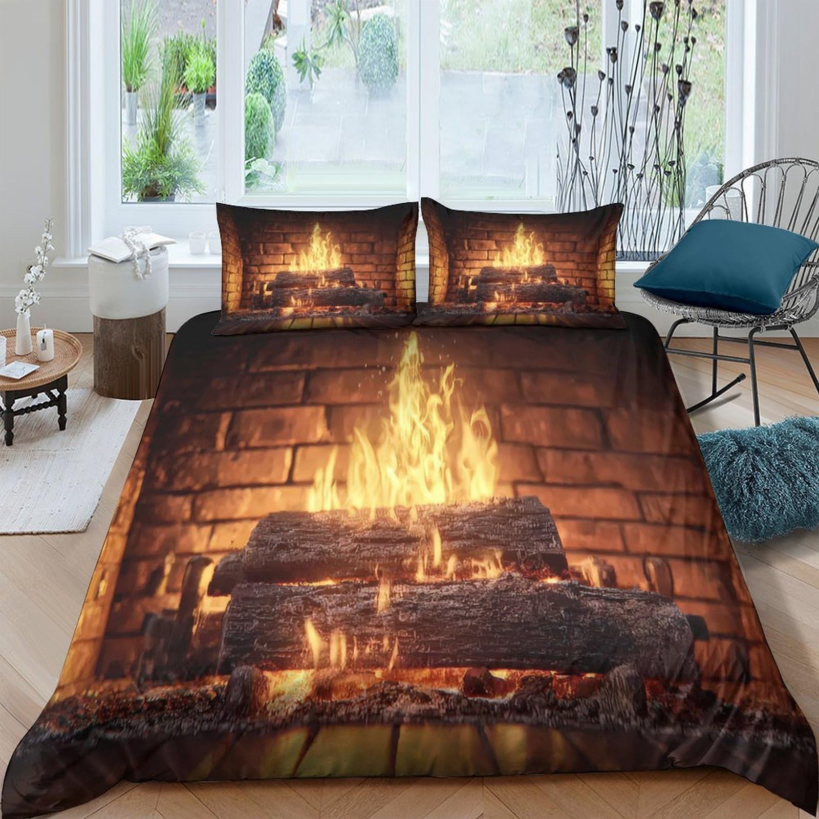 Ctjqhvkz Style-10 3D Printed Fireplace Brick Wall Fitted Sheet Microfiber Warm Glow Bed Cover For Bedroom Guest Room Decor Single（135X200cm）