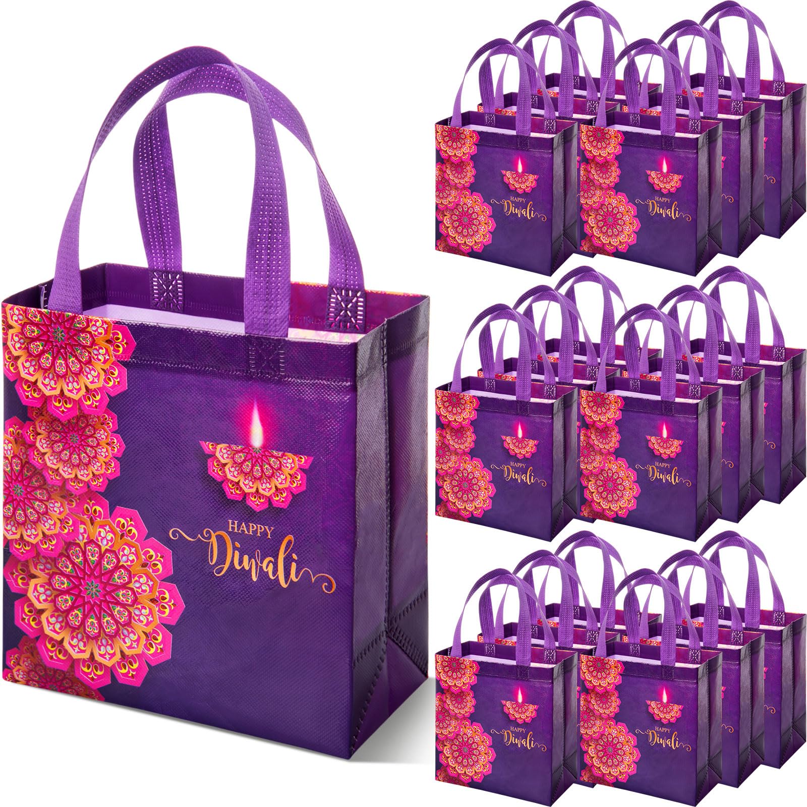 Sweetude 16 Pcs Happy Diwali Gift Bags with Handles Reusable Diwali Non-woven Bags Candy Goodies Tote Bag for Gift Wrapping and Party Favor