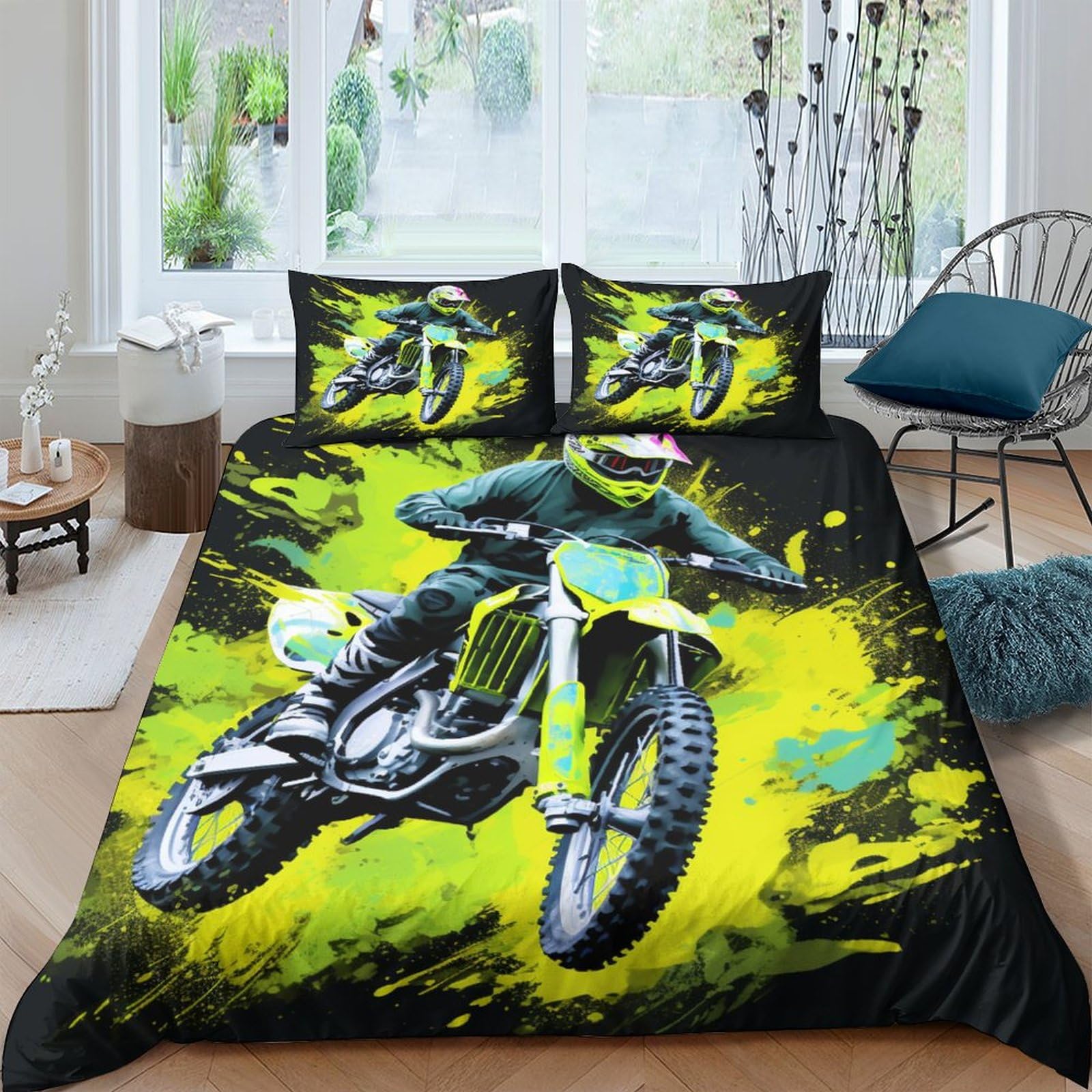 Housse de couette motocross 220x240 parure lit 3 pièces pour adulte et enfant