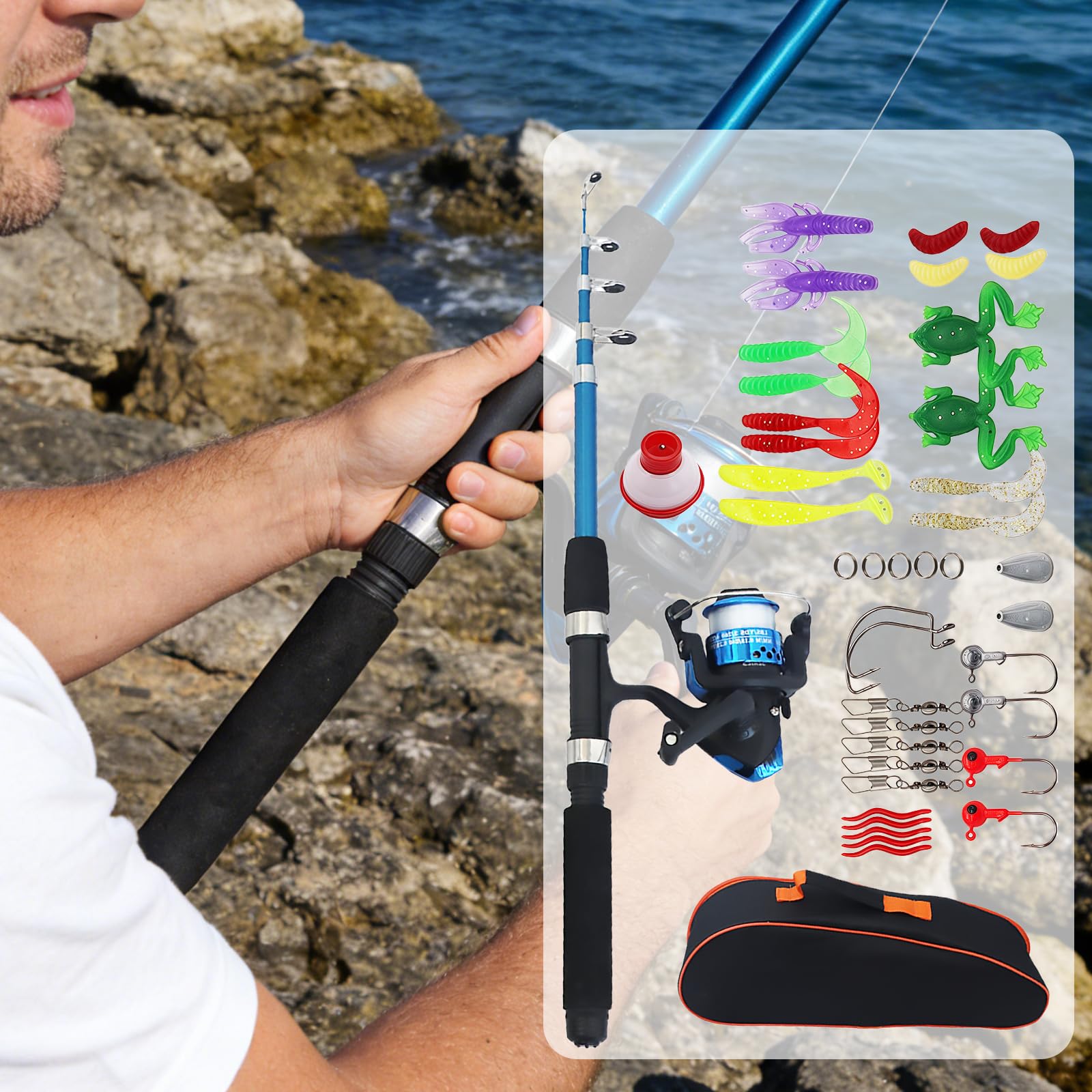 Kit de pêche pour enfants - 1,8 m - Canne à pêche télescopique - Avec moulinet de ligne et leurres - Kit de démarrage avec sac - Portable - Accessoires de pêche pour enfants