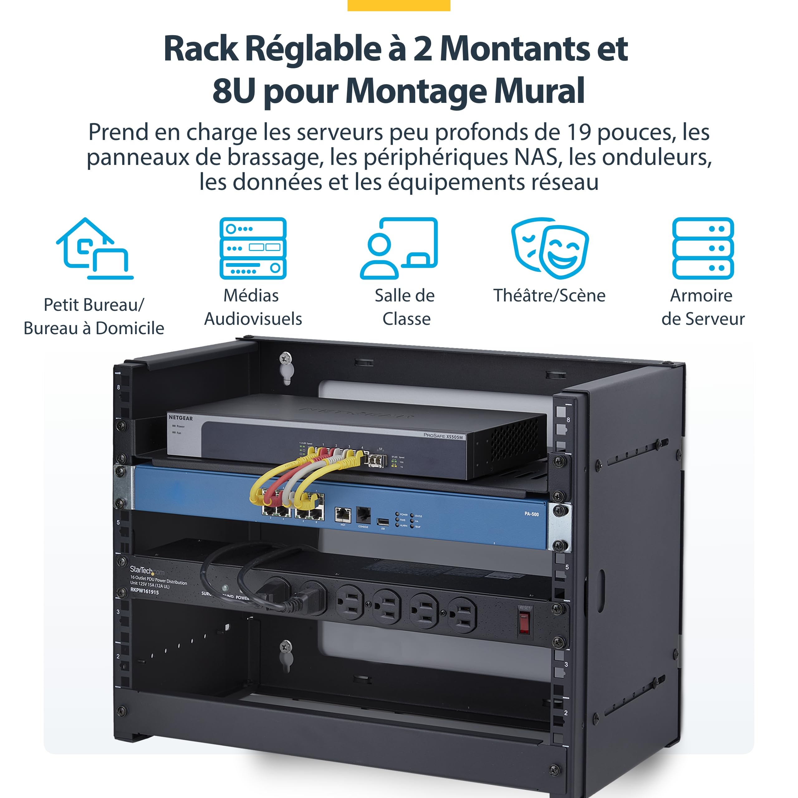StarTech Rack Mural 8U 2 Montants, Réglable 40cm, Ouvert (WALLMOUNT8-HAF) | Support serveur/équipement réseau 19", Châssis ouvert, Profondeur 24, 5-39, 7cm, EIA-310, Acier calibre 14, 40kg