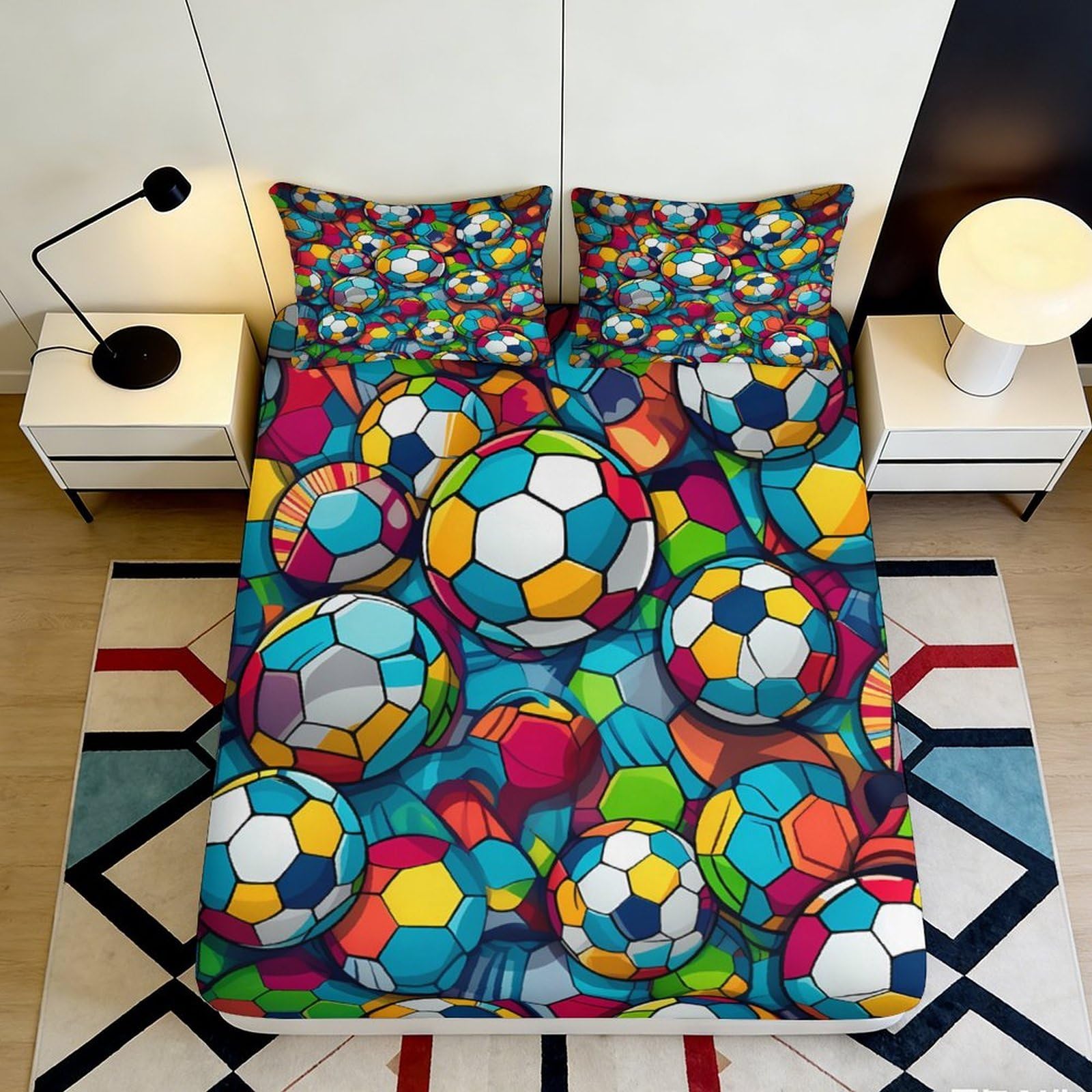 3D Printed Colorful Soccer Balls Fitted Sheet Microfiber Soft Breathable Geometric Football Bed Cover for Bedroom Dormitory Guest Room Mattress Protection 90x200x25cm