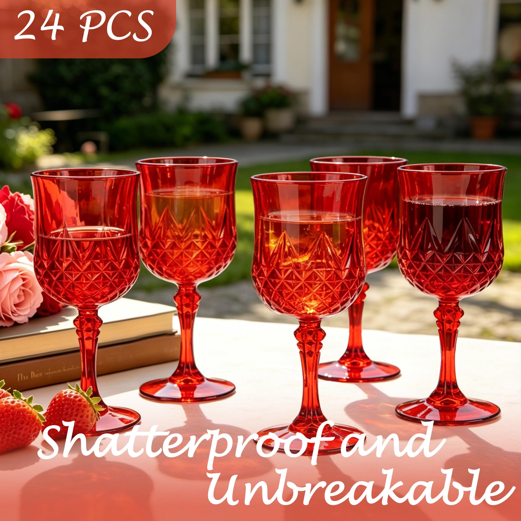 Bicchieri da vino in plastica, calici in plastica, stile vintage, infrangibili, riutilizzabili, per ricevimenti di nozze, grandi eventi (24, rosso)