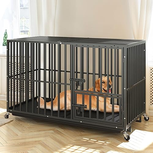 Miniatura 2 de YITAHOME Jaulas resistentes de 48 pulgadas para perros grandes y medianos, perrera de metal para interiores con ruedas, jaula para perros de alta