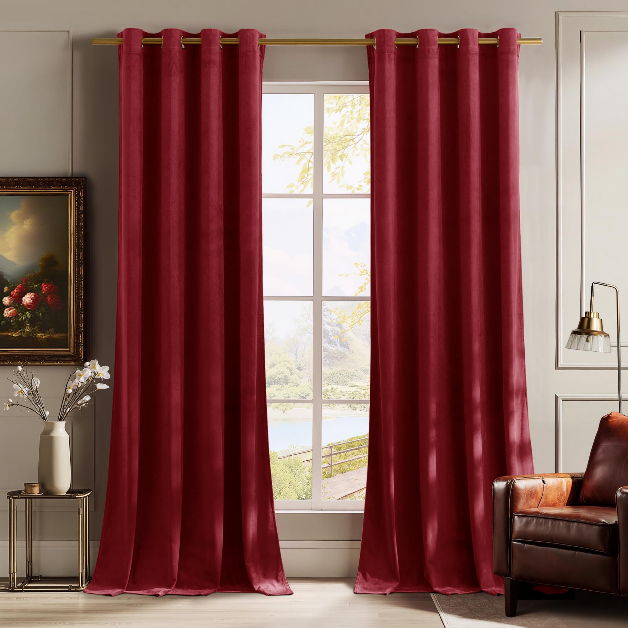 PONY DANCE Eyelet Blackout Velvet Curtains, 46x84 Inch, Red, 2 Panels — image 1