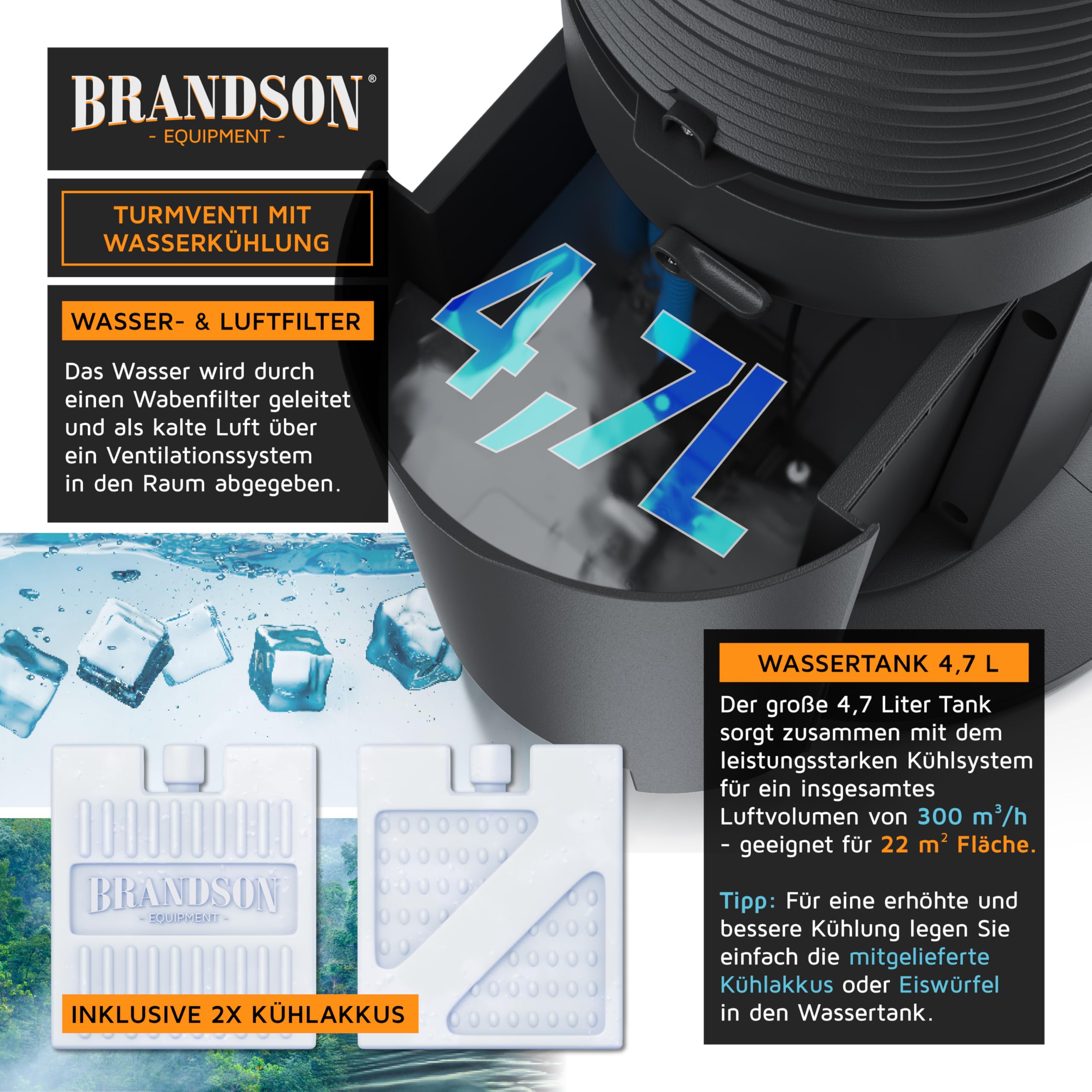 Brandson - Turmventilator mit Wasserkühlung - Preisträger 2026 - Verdunstungskühler - Luftkühler - Ventilator - mobile Klimaanlage ohne Abluftschlauch - 5 in 1 - leise - 4,7 L Wassertank - schwarz