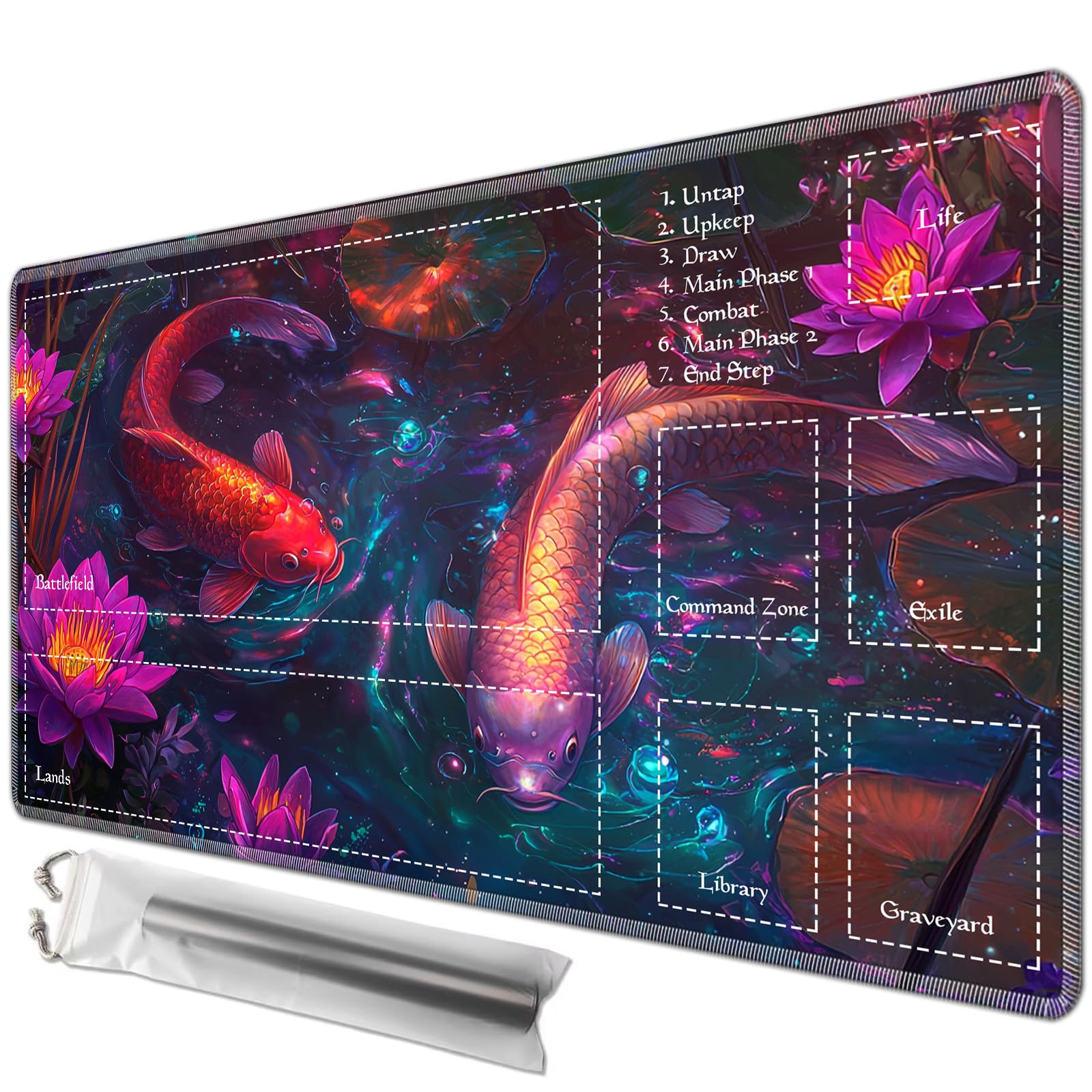 JANENFNA Playmat 27.5" x 15.7" with Magic Zones for MTG Card Game Playing, Board Game Mat for Card Breaking Commander Deck Gaming Card Game Battles Mat with Storage Bags, Koi Fish Lotus โ image 1
