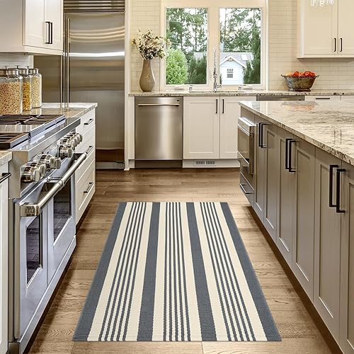 Miniatura 6 de OJIA Tapete para puerta delantera, color gris y blanco, 3 x 5 pies, tejido a mano, de algodón, lavable, a rayas, para porche, interior y exterior,