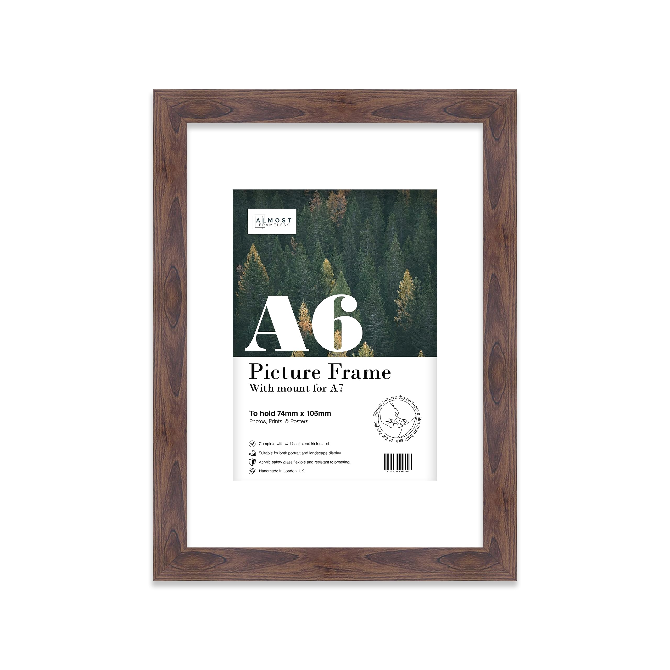 Almost Frameless A6 Walnut Picture Frame With Mount for A7 Print, Poster or Photo Poster, Photo, Artwork, or Print. Thin Edge Slim Frame Portrait and Landscape Display with Wall Hooks