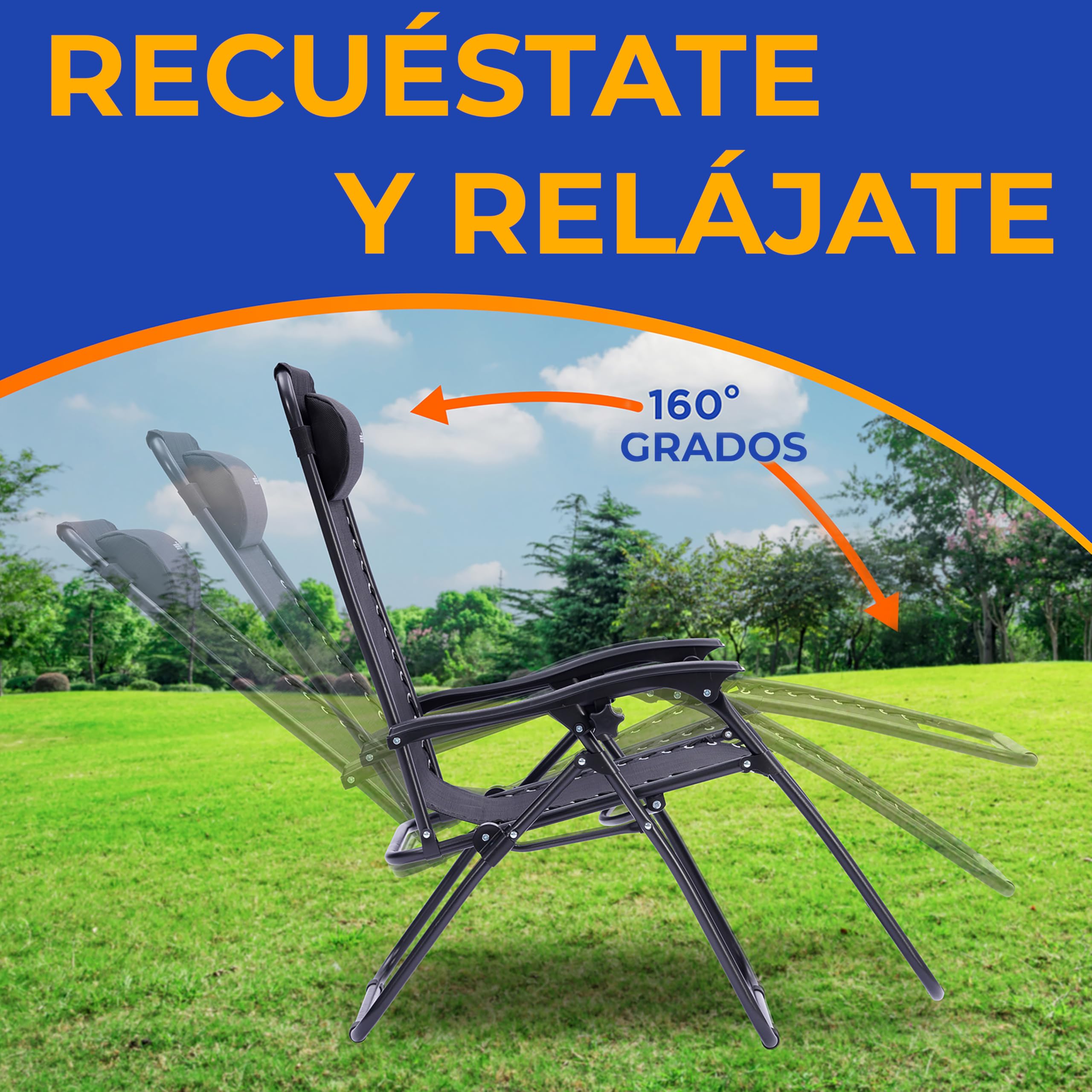 SereneLife sillas reclinables de Exterior, Set de 2, Tumbonas de Malla de Acero, con Almohada Desmontable, Portavasos, Plegables, Ajustables, Portatiles, Zero Gravity, Camping, Patio, Piscina o Playa