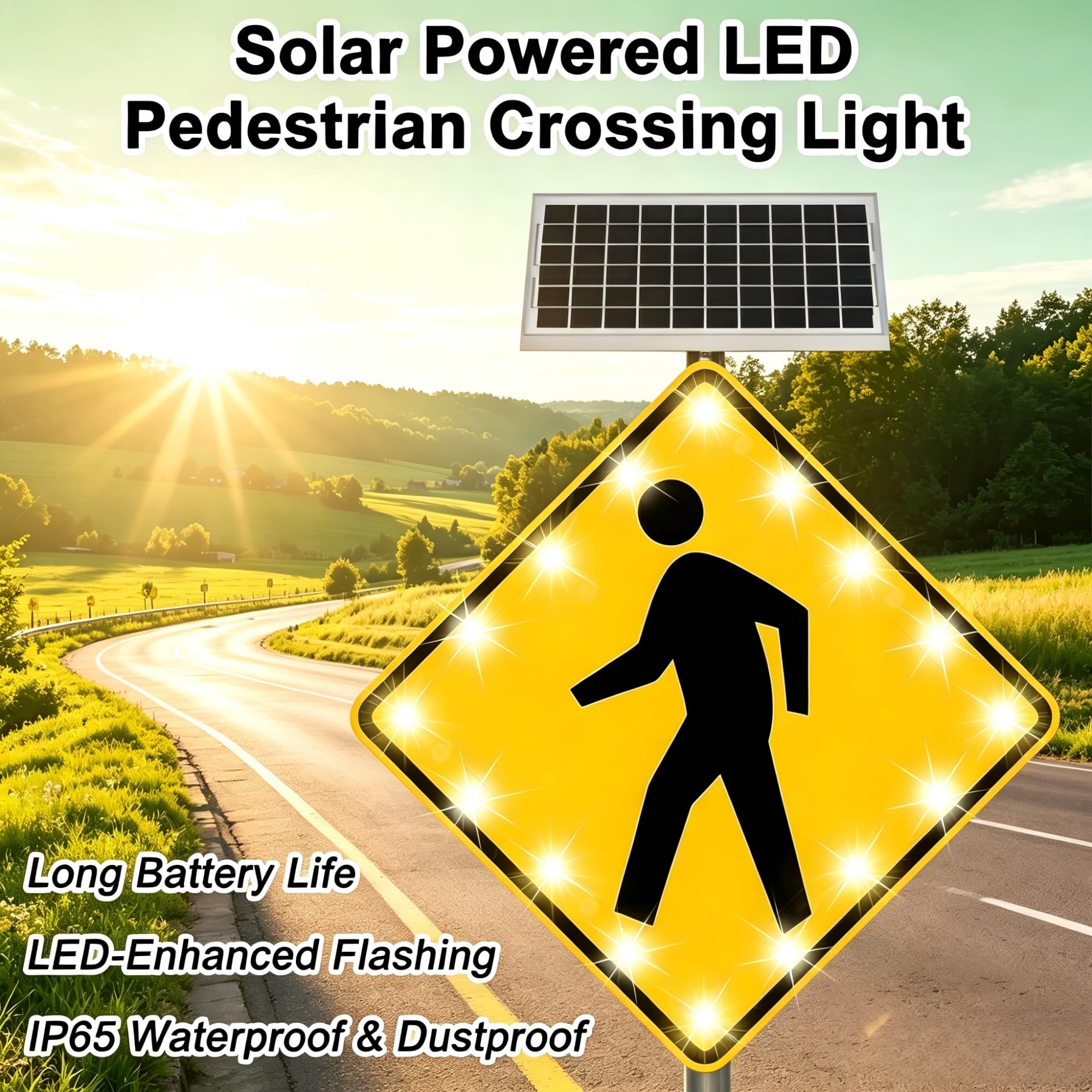 Señal de cruce de peatones LED con energía solar de 24"/30", advertencia de cruce de peatones intermitente con carcasa de aluminio resistente, IP65 a prueba de agua(24in)