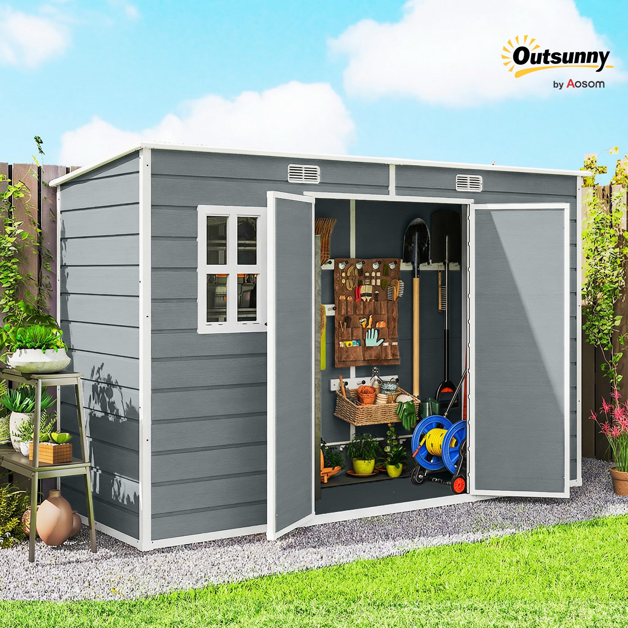 Outsunny 10 x 4 ft Plastic Garden Shed, Outdoor Storage Resin Shed with Floor, Double Windows, Lockable Doors and Vents, for Tools, Bike, Generator, Grey — view 2