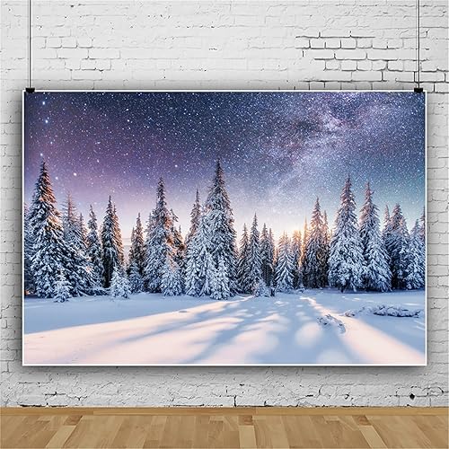 Miniatura 9 de Renaiss Fondo de fotografía de paisaje forestal de invierno de 7 x 5 pies, paisaje natural, copos de nieve, pinos, fondo para niños y adultos,