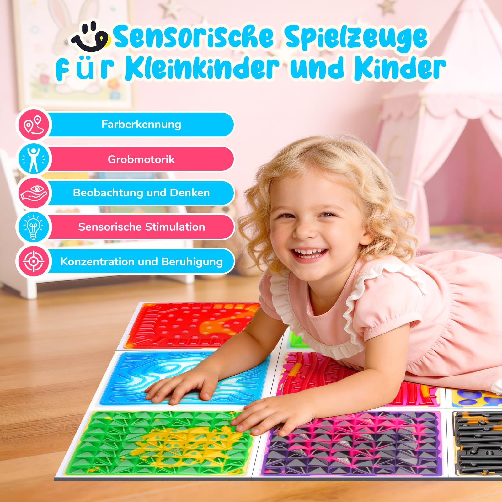 Sensorik Matten Flüssig 9er Set 30x30cm, Umweltfreies PVC, CE/EN71, Sensorische Bodenfliesen Kinder, Sensorik Spielzeug für Autismus, Haus, Kindergarten & Klassenzimmer
