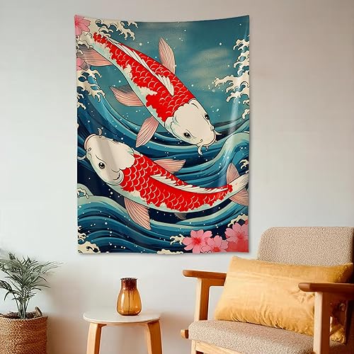 Miniatura 13 de QEOPGNE Tapiz de pared grande con diseño de pez Koi, diseño de flores de cerezo japonés, gran ondas, retro, grande, decoración de pared para