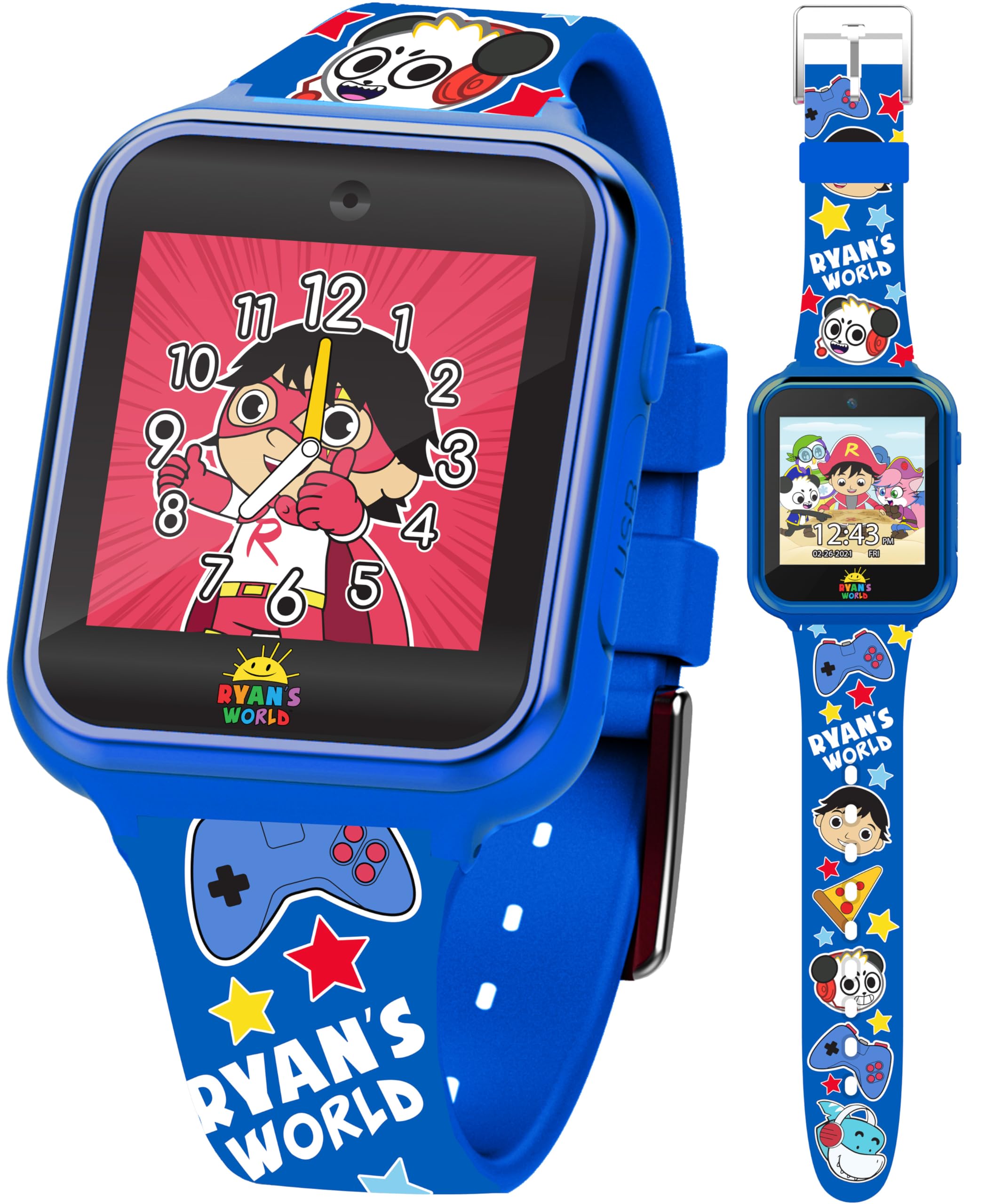 Accutime Kids Ryan's World Royal Blue Educational Learning Touchscreen Smart Watch Toy for Boys, Girls, Toddlers - Selfie Cam, Learning Games, Alarm, Calculator, Pedometer and More (Model: RYW4036AZ)