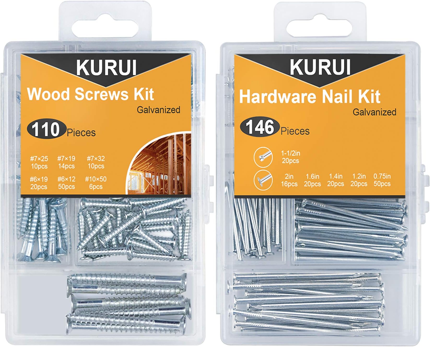 KURUI Hanging Nails and Wood Screws Assorted Kit 256PCS, 110 Philips Flat Head Screws and 146 Picture Hanging Nails, Finishing Nails and Small Screws Assortment with Organizer Box - 6 Sizes