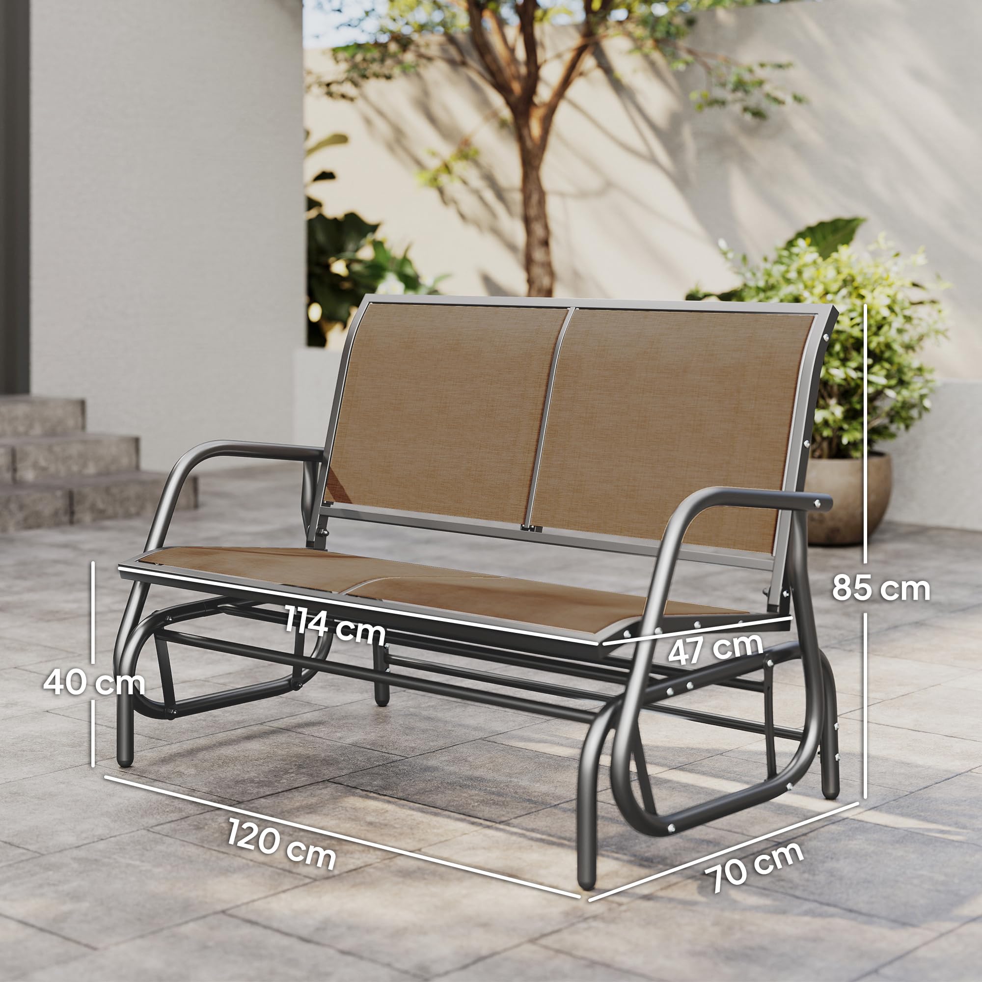 Outsunny Panchina a Dondolo da Giardino a 2 Posti, Panca da Giardino in Metallo e Tessuto a Rete Traspirante, per Balconi, Patio, Terrazzo, 120x70x85cm, Marrone Chiaro