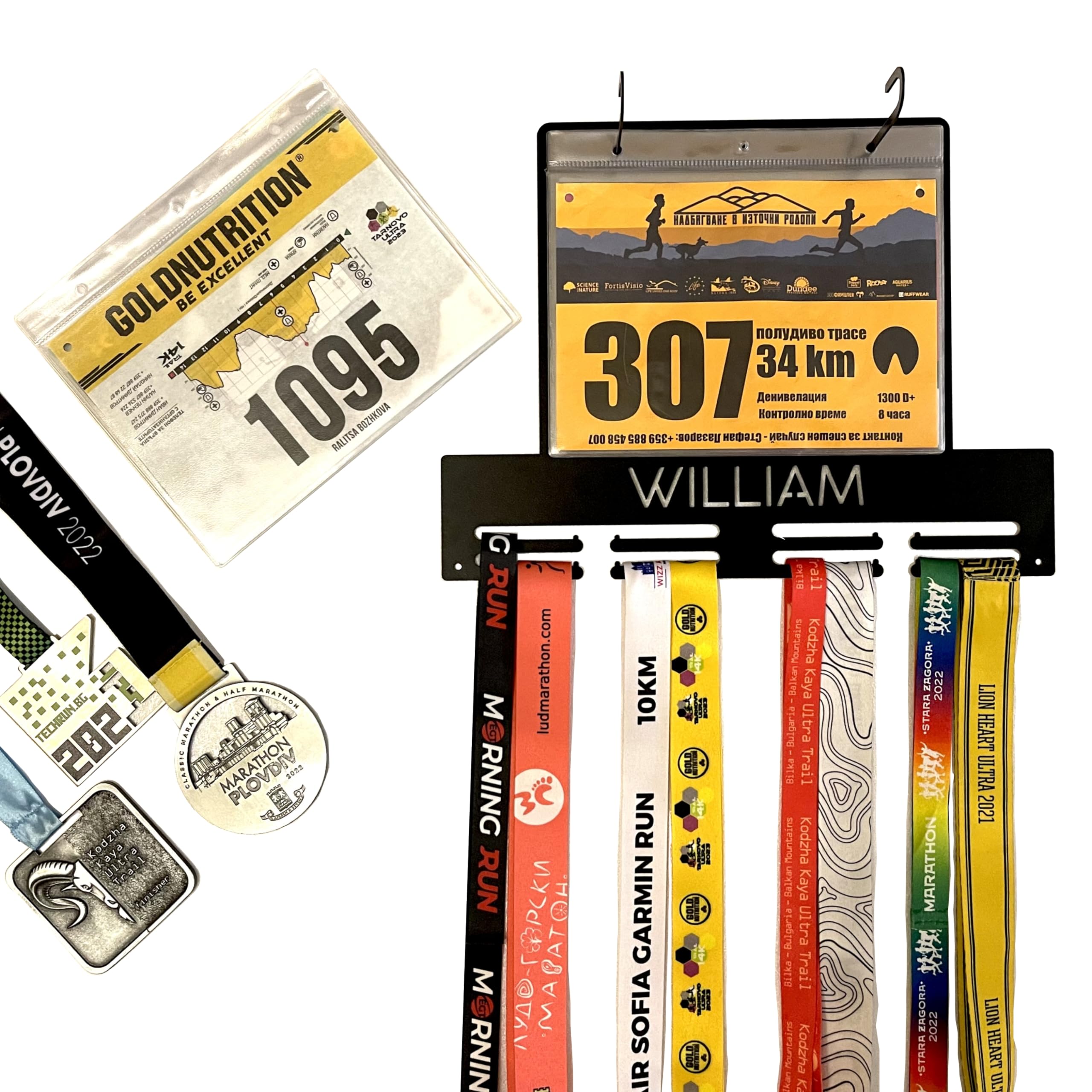 Personalised Race Bib and Medal Holder, Custom Name, Medal Metal Hanger, Medal Display Rack for Awards, Race Bib Holders, Running Marathon, Triathlon, Athlete Race Numbers, Gift for runner, 10 Sleeves
