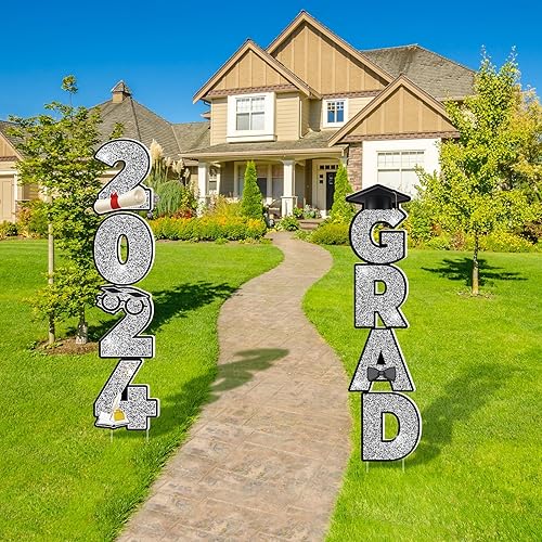 Miniatura 7 de Ruisita Decoraciones de fiesta de graduación de plata 2023, 8 piezas de letreros de graduación para patio con 28 piezas de estacas para decoración