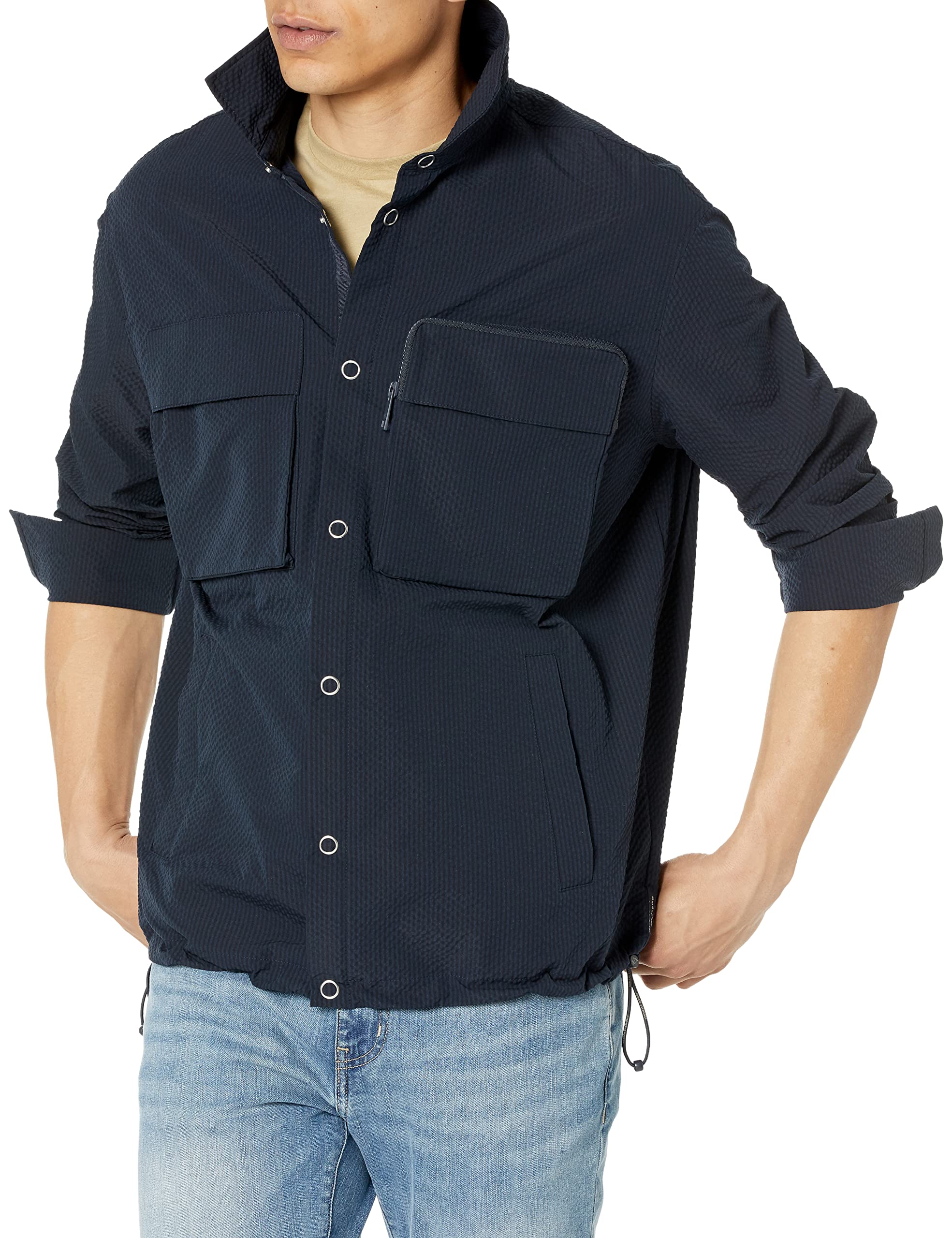 Armani Exchange Men's Nylon Seersucker Long Sleeve Boxy Fit Shirt