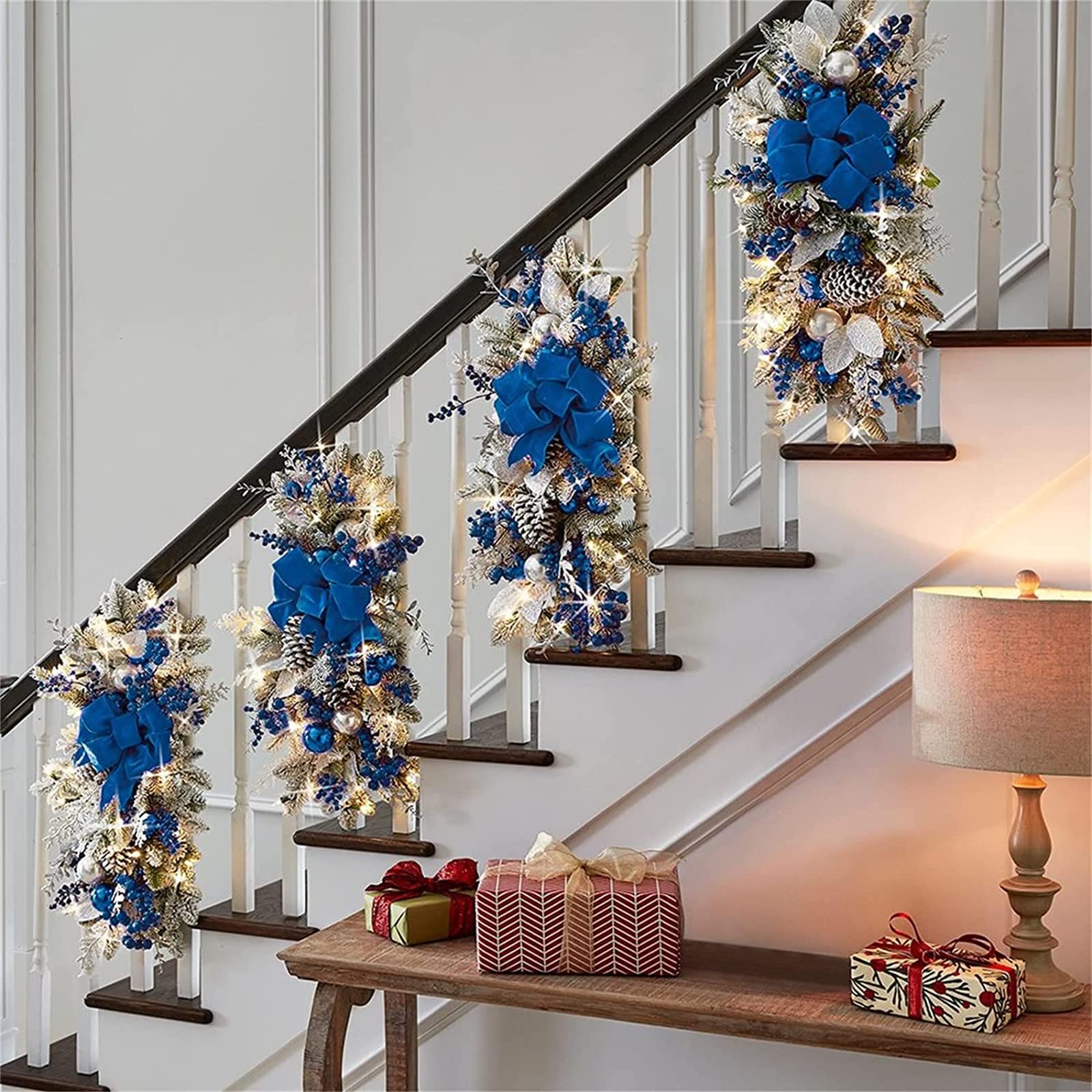 Qianderer Blue Cordless Stairway Swag With Lights - Prelit Christmas Garland Ornament