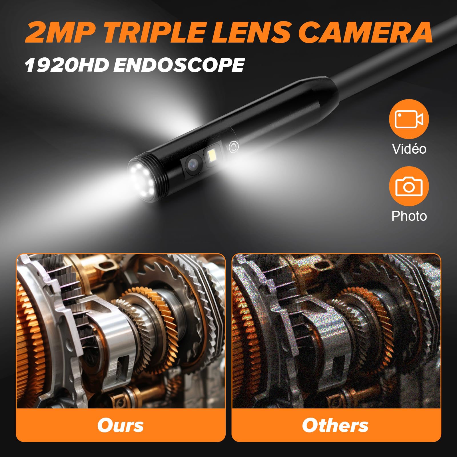 WADEO endoscopio cámara con luz 10m, Pantalla IPS de 5 Pulgadas Tres Lentes endoscopio, IT67 Impermeable cámara de Tubo, 8mm Serpiente cámara, 1920P HD cámara de inspección, 32GB (Cable Desmontable)