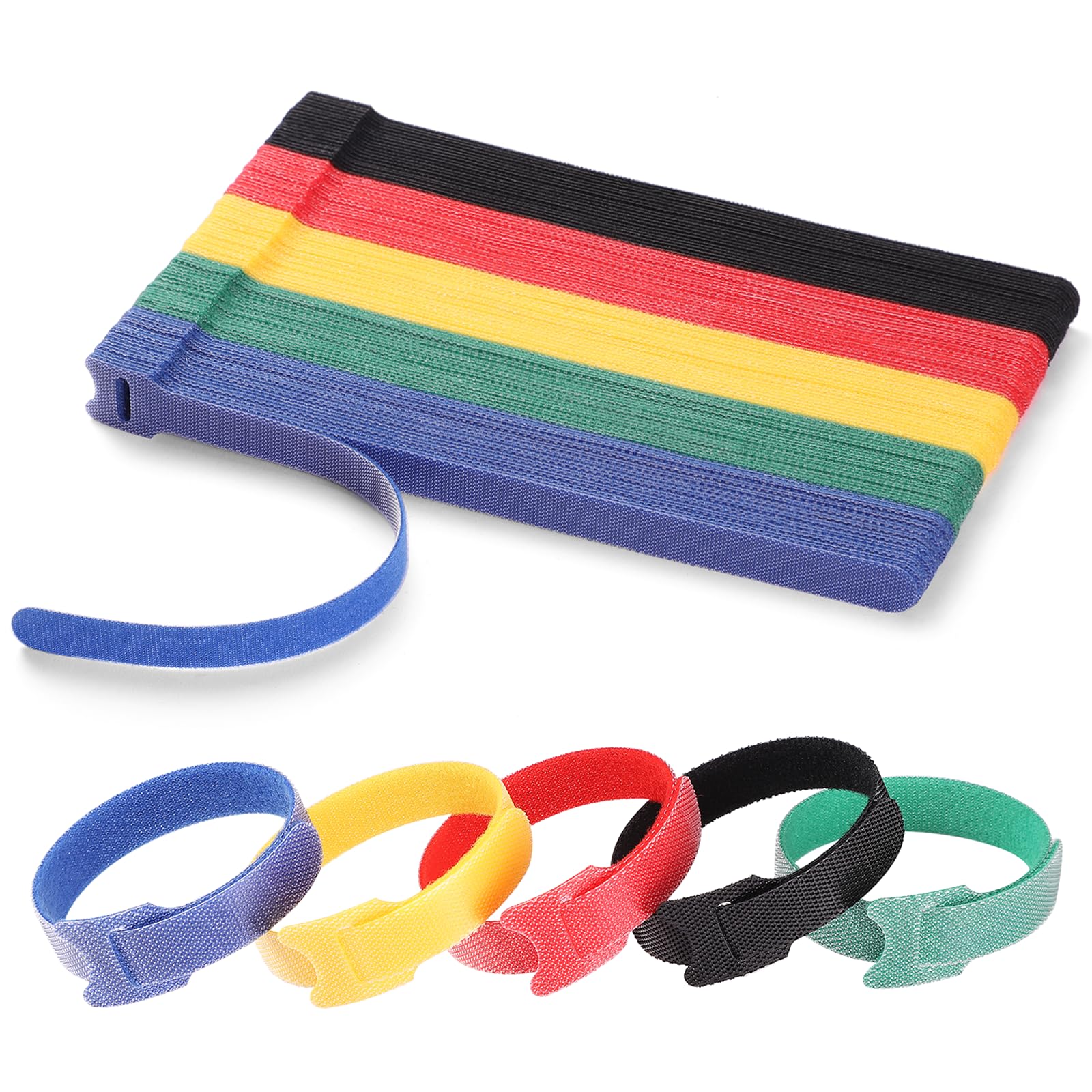 100 PCS 8 Inches Reusable Cable Ties | Adjustable Cord Wraps, Cable Straps | Hook & Loop Cord Organizer, Cable Management | 5 Colors - 2