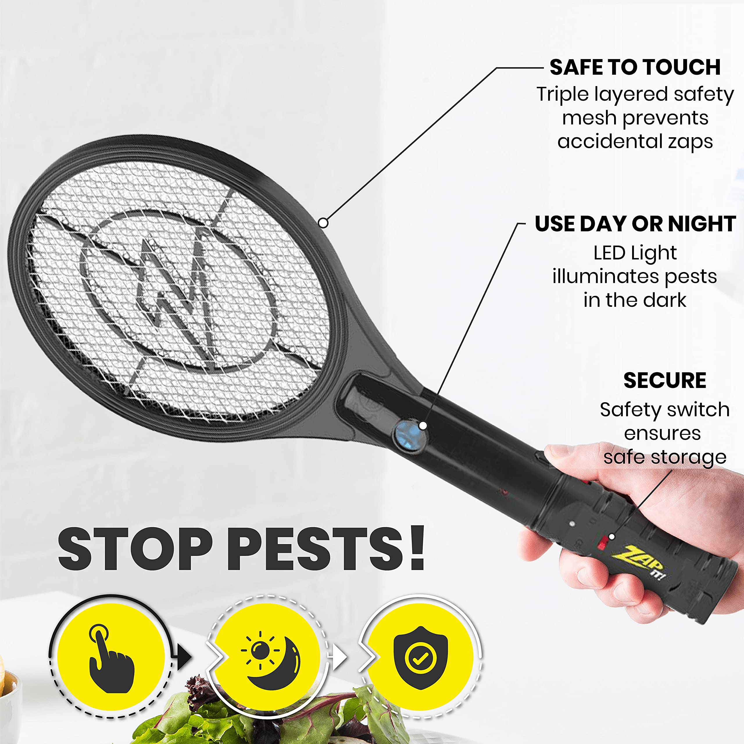 ZAP IT! Bug Zapper - Racchetta per insetti ricaricabile, 4.000 Volt, cavo di ricarica USB, confezione da 2