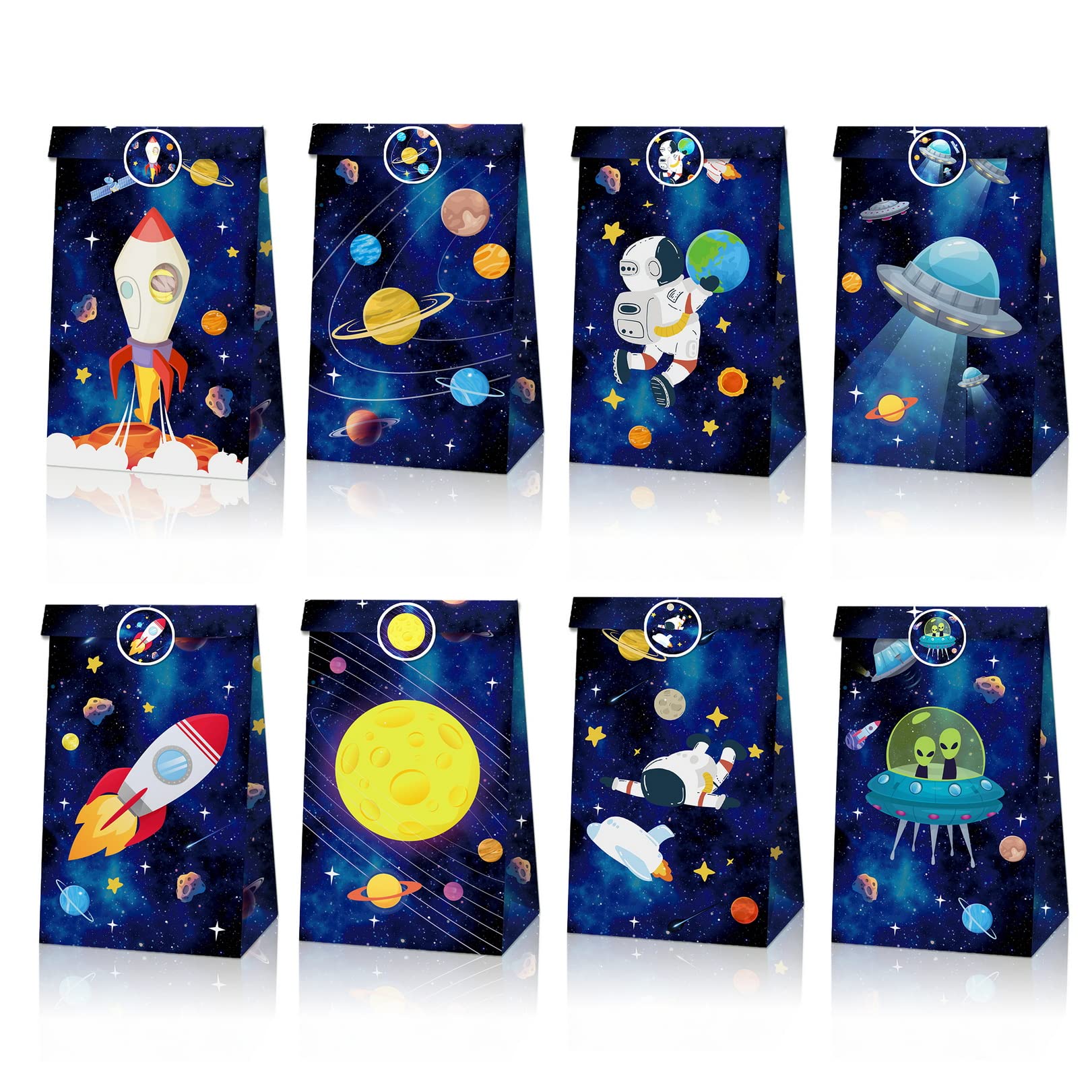 12 Sacchetti Regalo Per Feste A Tema Spaziale – Astronauta, Razzo E Galassia, In Carta Kraft, Con 18 Adesivi, Perfetti Per Caramelle E Regalini