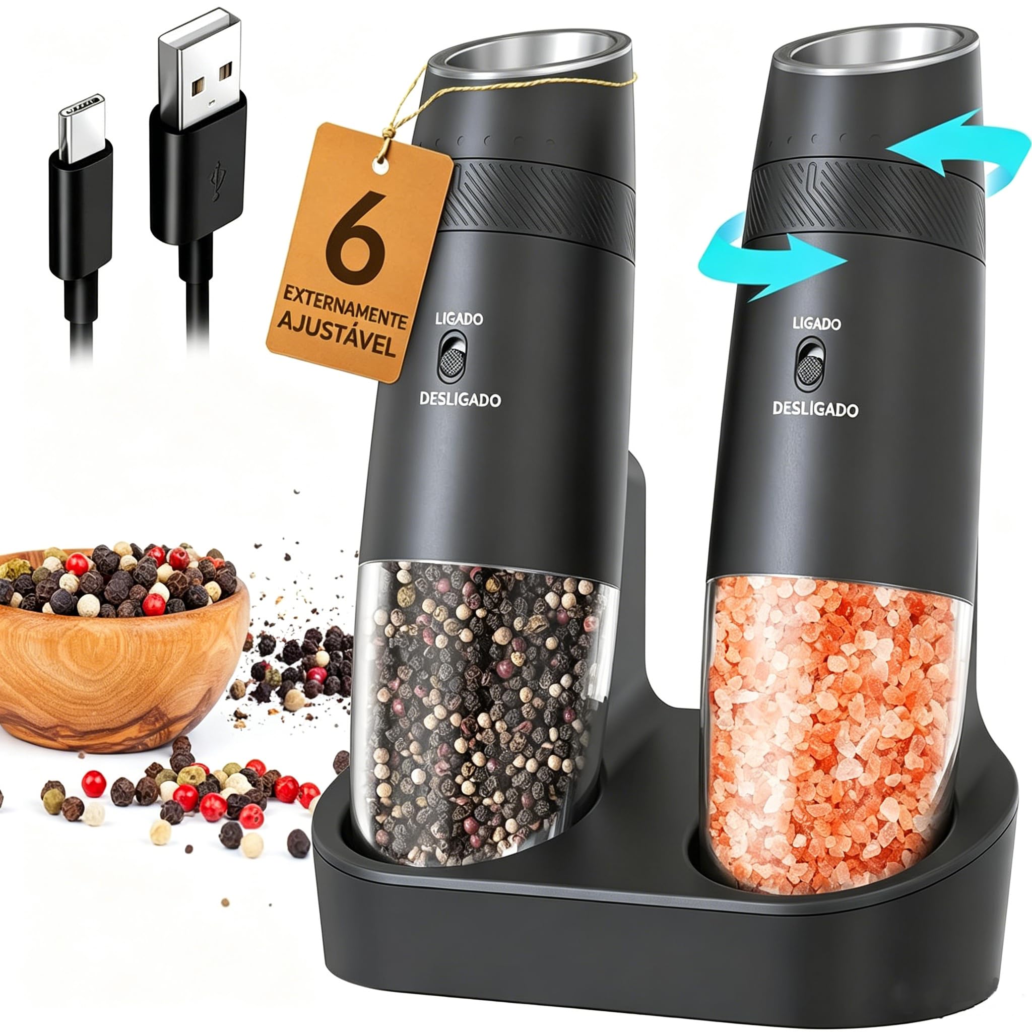 Conjunto de Moedores Automáticos de Sal e Pimenta, Moedor de Pimenta Aprimorado com Base