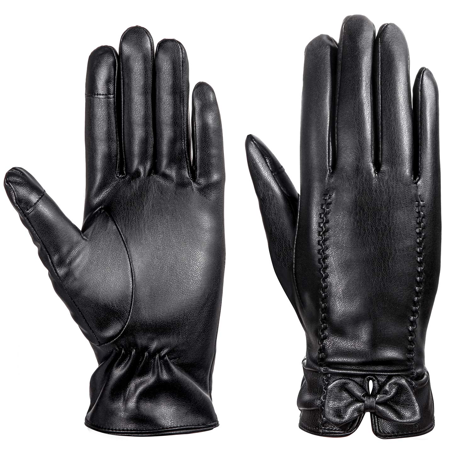 Leather Gloves, MEZETIHE Womens Gloves 2 Fingers Touch Screen Warm Fleece Lined Winter Driving Gloves with Bow
