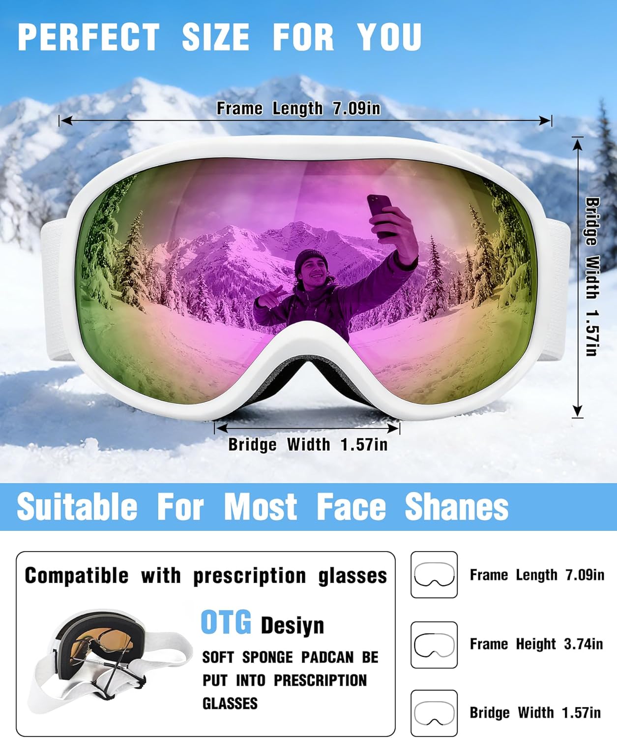 FMY Snowboard/Ski Goggles for Adult,Over Glasses Anti Fog UV Protection Skiing Goggles for Men Women Youth - Image 2