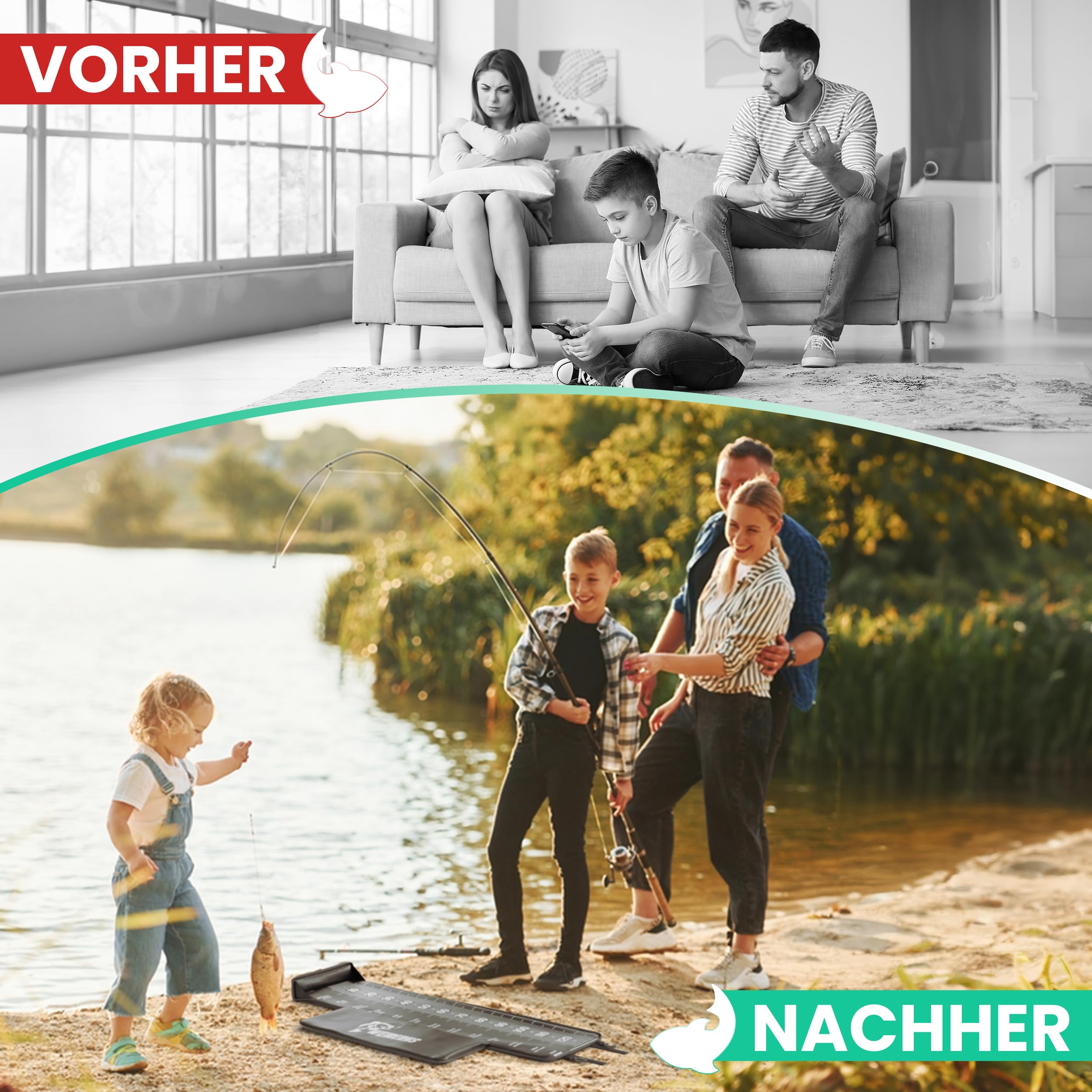 Premium Abhakmatte, Abhakmatte Angeln, Abhakmatte mit Maßband 130cm, mit humorvollen Sprüchen & ohne, leicht zusammenrollbar & Kantenschutz