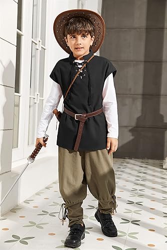Miniatura 3 de Camisetas de pirata renacentista para niños, estilo vikingo, medieval, sin mangas, con cordones, de algodón escocés