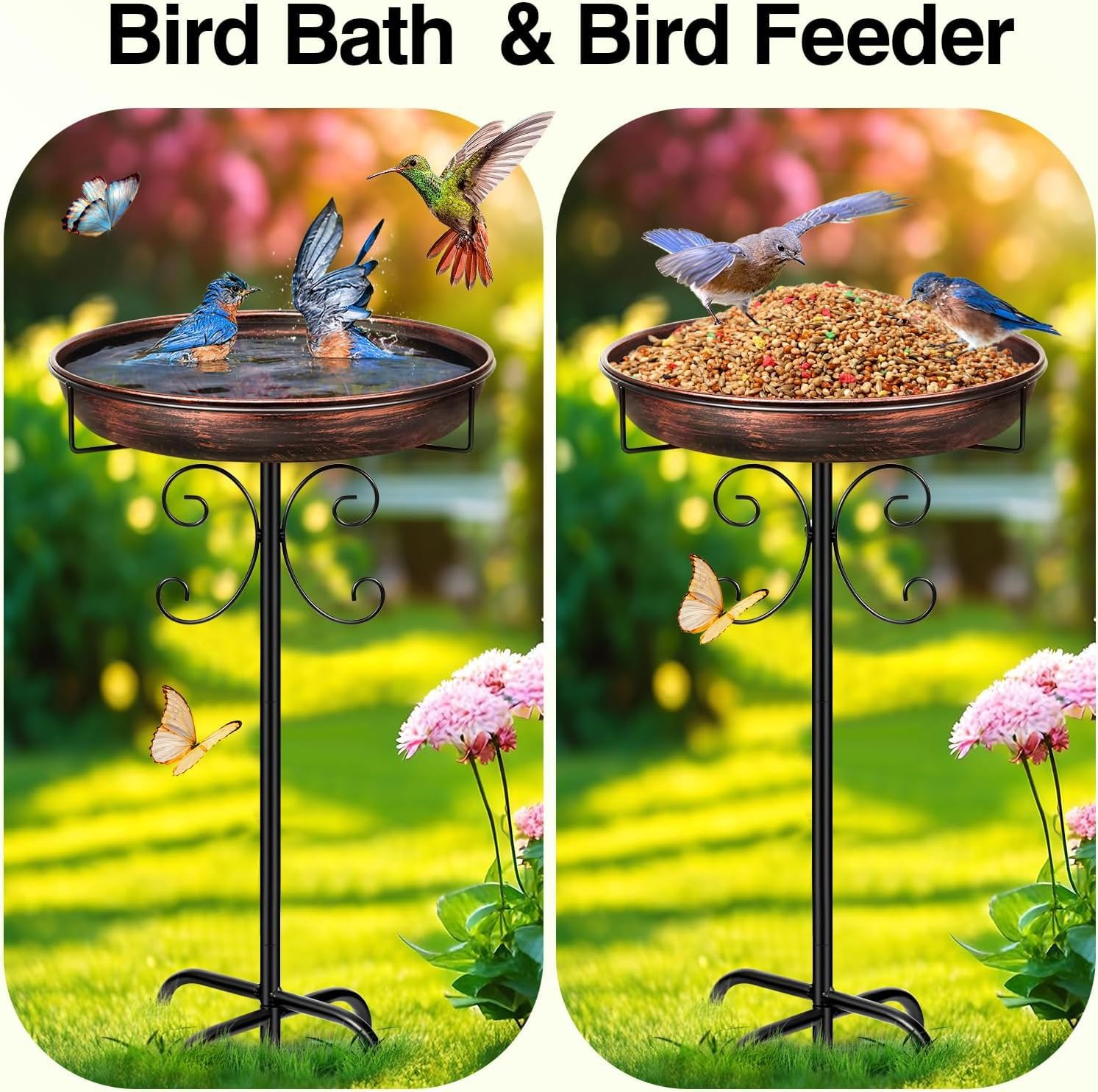 Vogeltränke Stehend Garten, Metall Vogeltränke Winterfest Vogelbad Wassertränke Gartendeko Wasserschale Frostsicher Vogelfutterspender Draußen (Bronze)