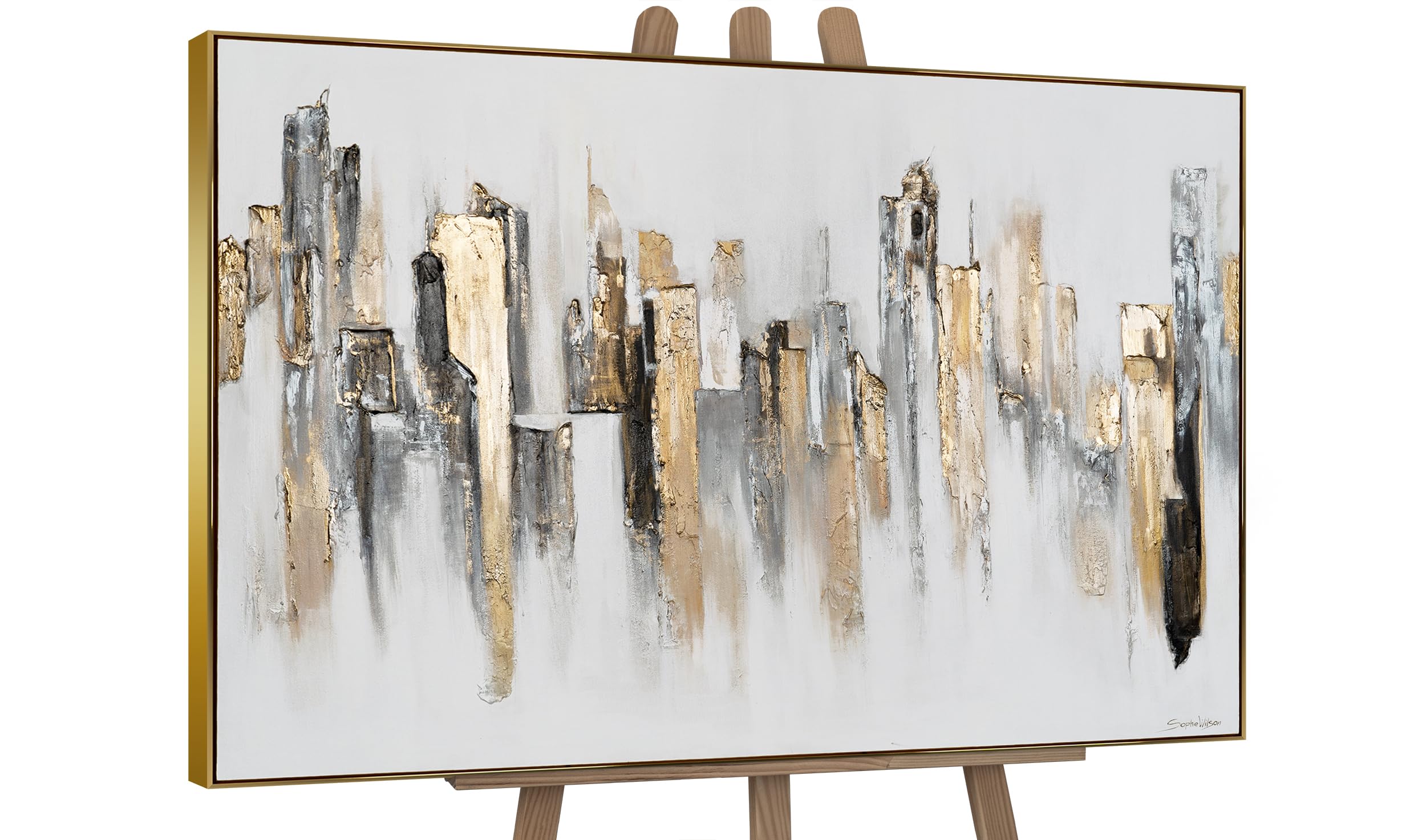 YS-Art Abstract Handmade Painting – Textured Gold City Skyline, Framed Acrylic Arrt on Canvas, Artwork for Luxury Office Interior 48x32 inches