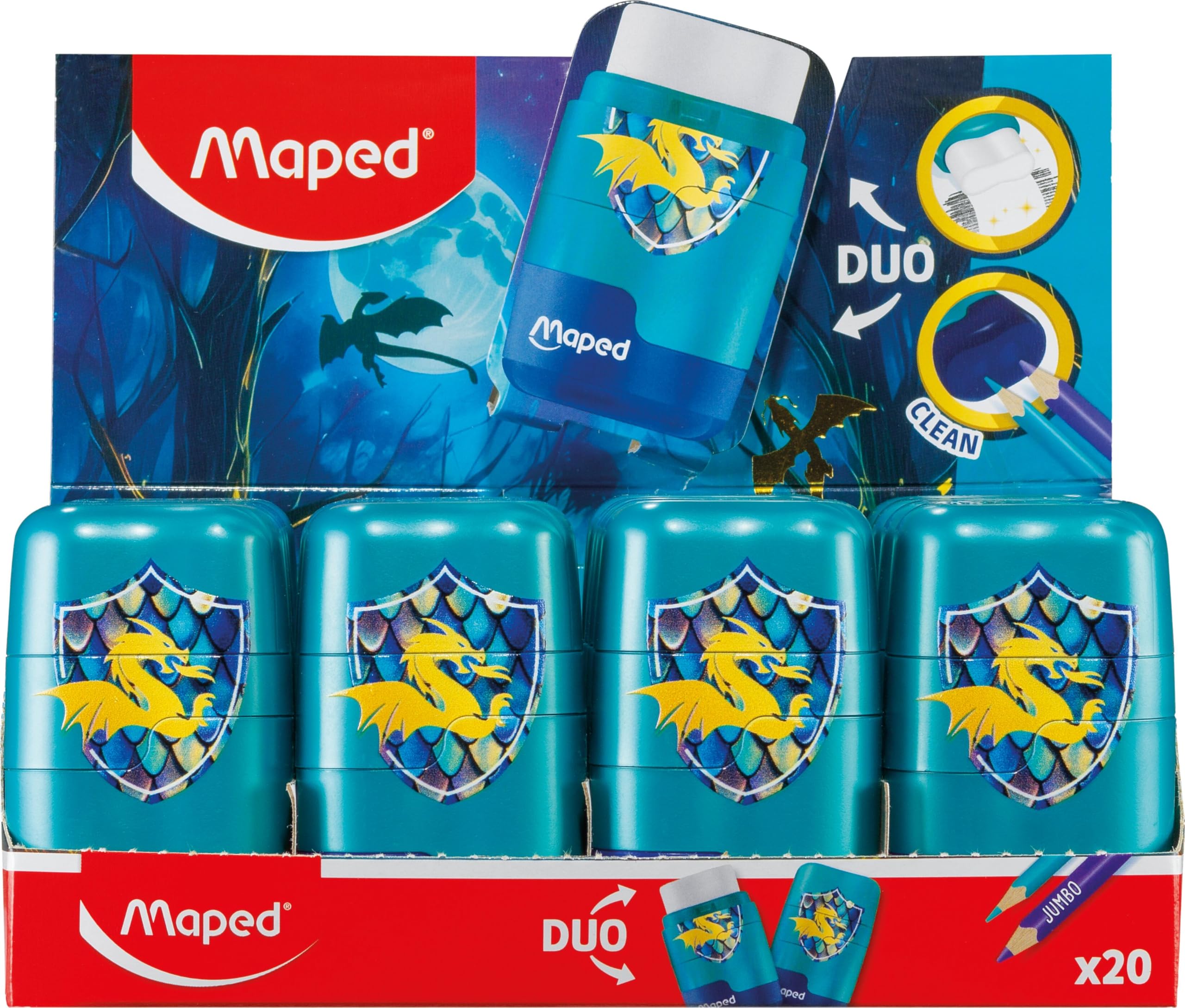 Maped - Display mit 20 Bleistiftspitzer Duo Dragon – 2 in 1 – Anspitzer mit 2 Löchern + Radiergummi – ohne PVC und Phthalat – mit Nachfüllpack