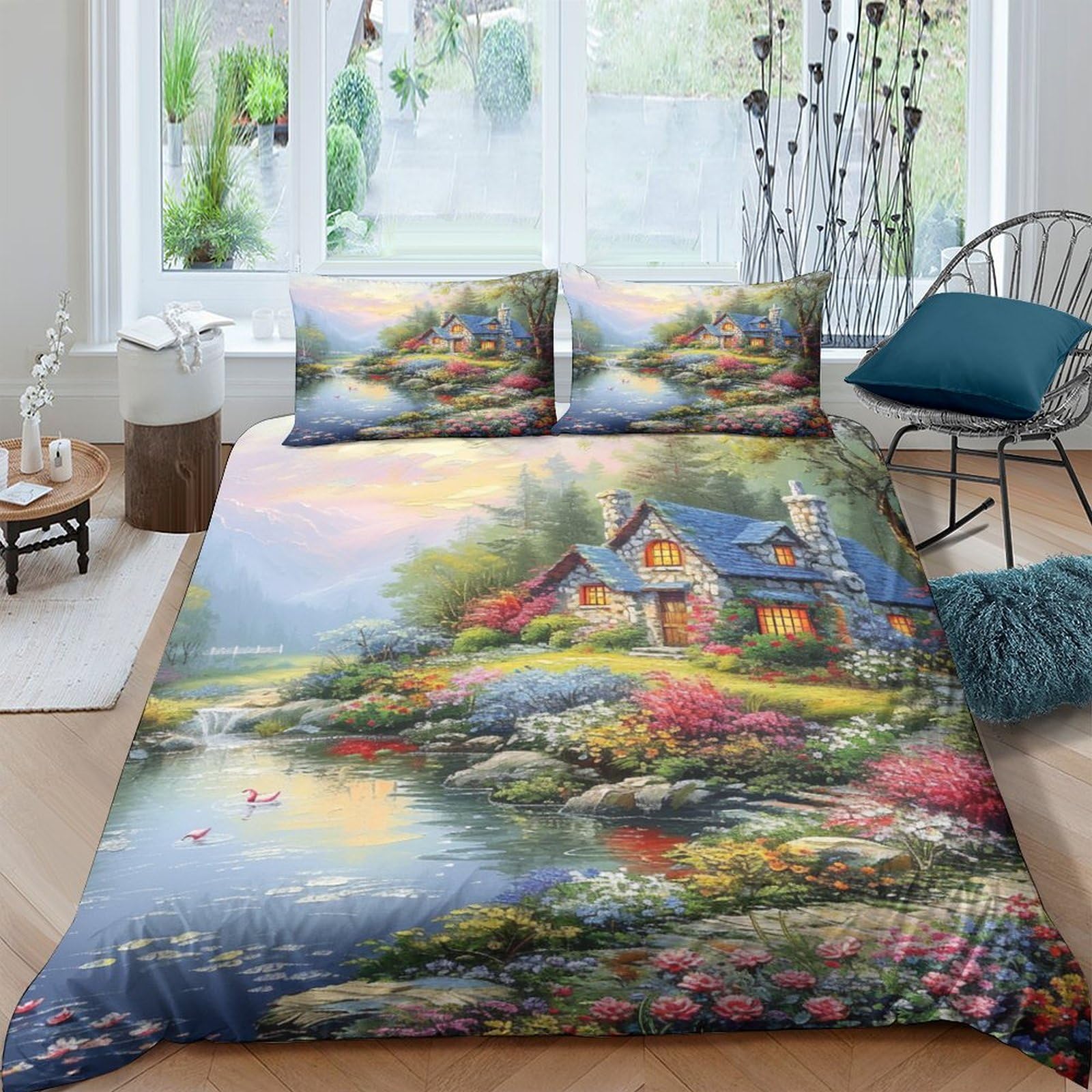 GUYDZOOM Mountain Cottage Duvet Cover Sets 3 PCS Hotel Quality Quilt Cover Bedding Sets Bed Covers with Pillowcases with Zipper Closure Ultra Soft Anti Allergic Microfiber Double（200x200cm）