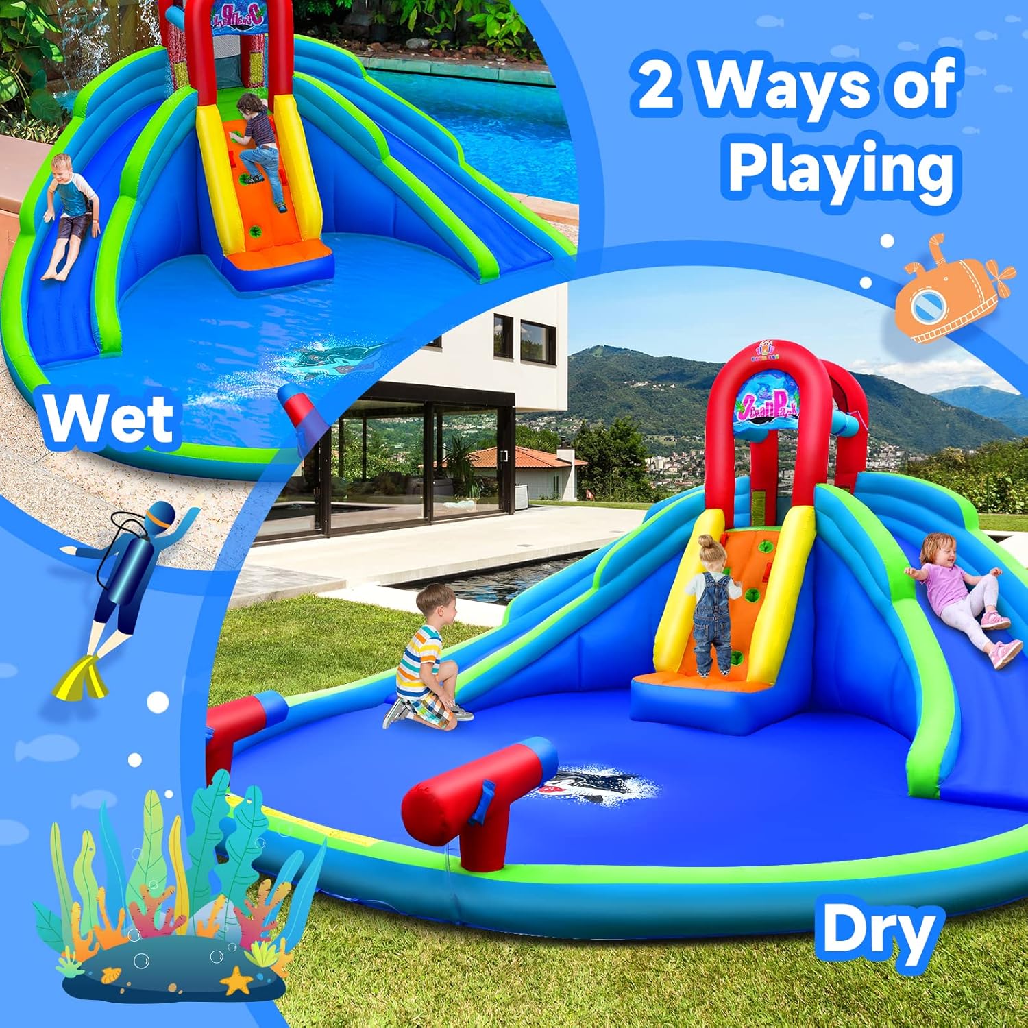 BOUNTECH Inflatable Water Slide, 18x17FT Mega Kids Waterslide Park for Outdoor with 2 Long Slides, Splash Pool, Handrail Upgrade, Blow up Water Slides Inflatables for Big Kids Backyard Party Gifts